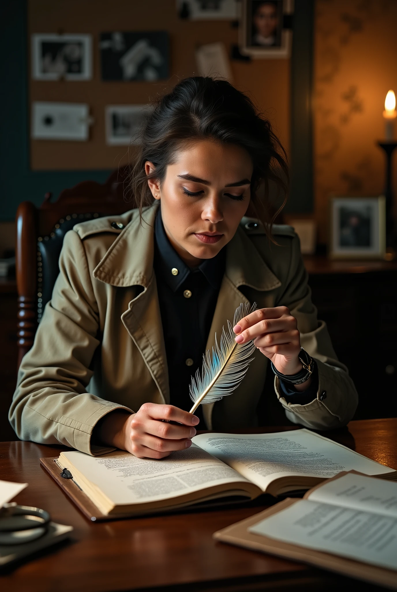 Lady investgeter finds a rare feather and worry about to solving the case sitting on the chair with table which is having investigation things etc