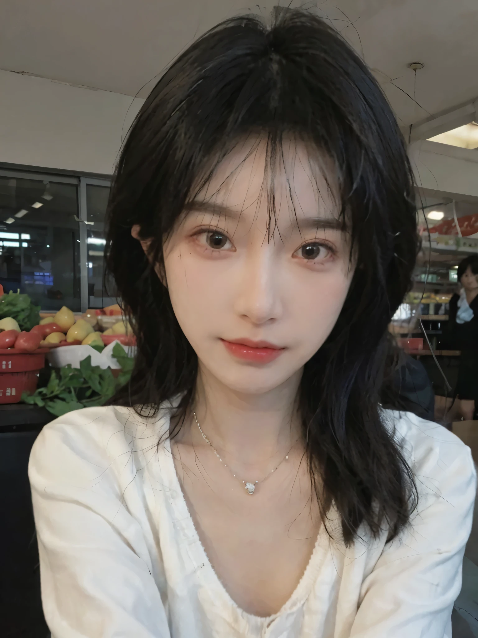 Best quality，Ultra-high resolution,(Realism:1.4)，Cute hairpins，girll,Cropped black sweater，Look directly at the audience，Full of atmosphere，Beautiful woman with a slim figure:1.4，supermarket，whole body，Super delicate face，Exquisite eyes，Double eyelids，necklace