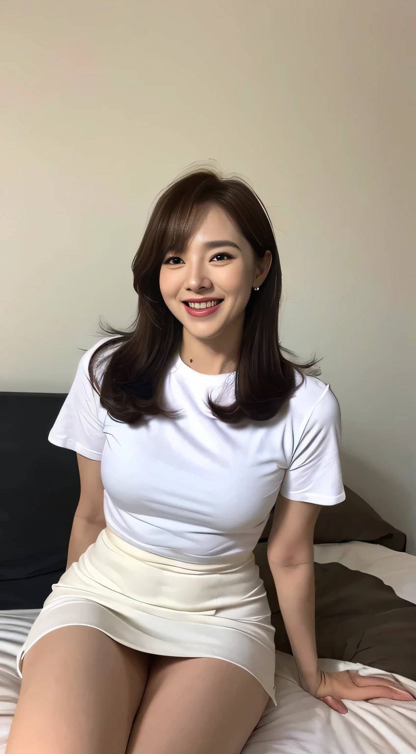 White tight shirt、White tight mini skirt、bed、Laughter、Short sleeve、high resolution、Faces of Korean idols、40 years old