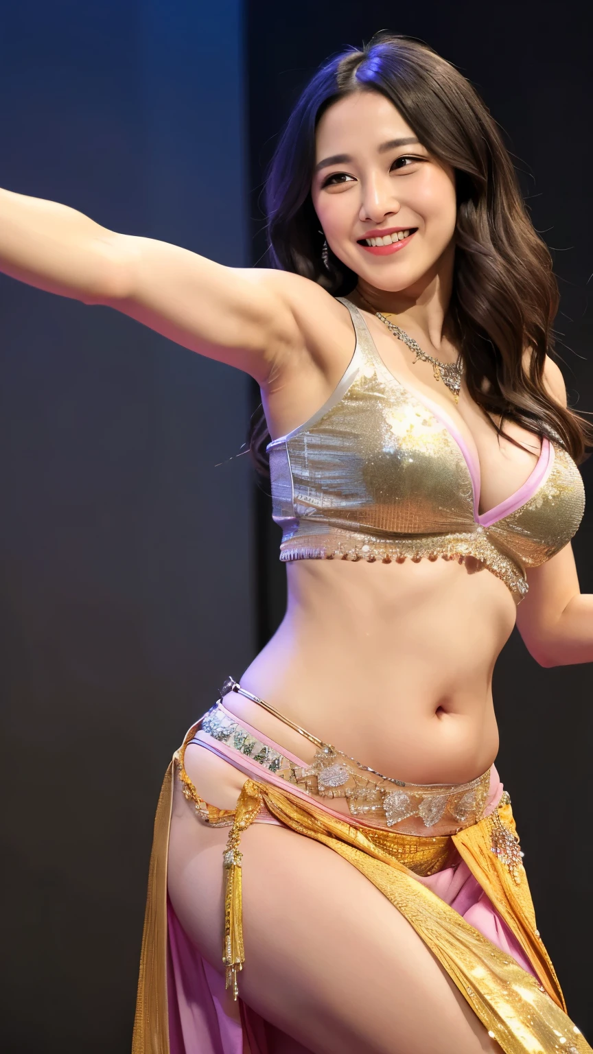 ((Highest quality)), ((masterpiece)), (detailed), One person、Belly dance、smile、Sweat、Zexy、Dynamic pose