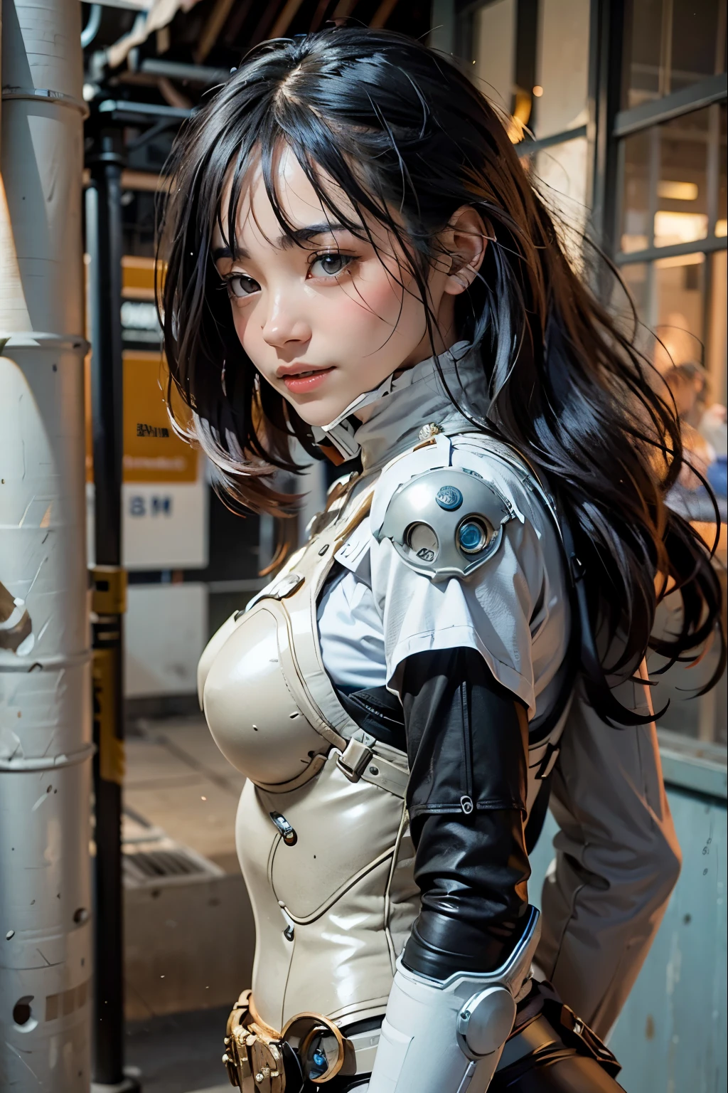 Surreal, Ultra high resolution,8ก,(Virtual image:1.4), (WWII-like mechanical suit), Fallen City, Heavy weapons,bright surface, Beautiful hair, Spanish female soldier,(An exceptionally beautiful face),leg, ((Ultra-realistic on every surface)), ((super complex details)), Take the whole body, Ultra-sharp photo results, Beige, scratch, rust, Erosion, sweat, move, In progress, Steampunk, Shot with Fuji X-T30 film+nighttime. HDR10,Create a minimum of 4 pieces