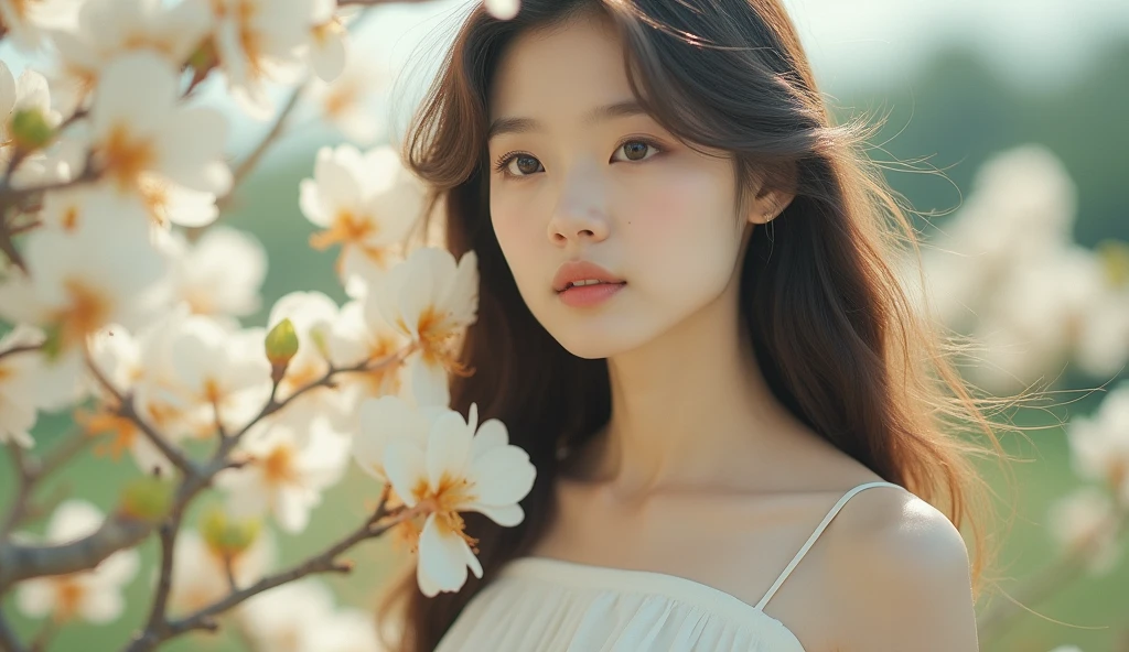 cinematic photo korean woman, 3/4 shot, with gorgeous eyes and skin, smiling, long brunette hair with blonde highlights looks away from the viewer surrounded by white aprikot flowers BREAK white spaghetti strap dress . 35mm photograph, film, bokeh, professional, 4k, highly detailed