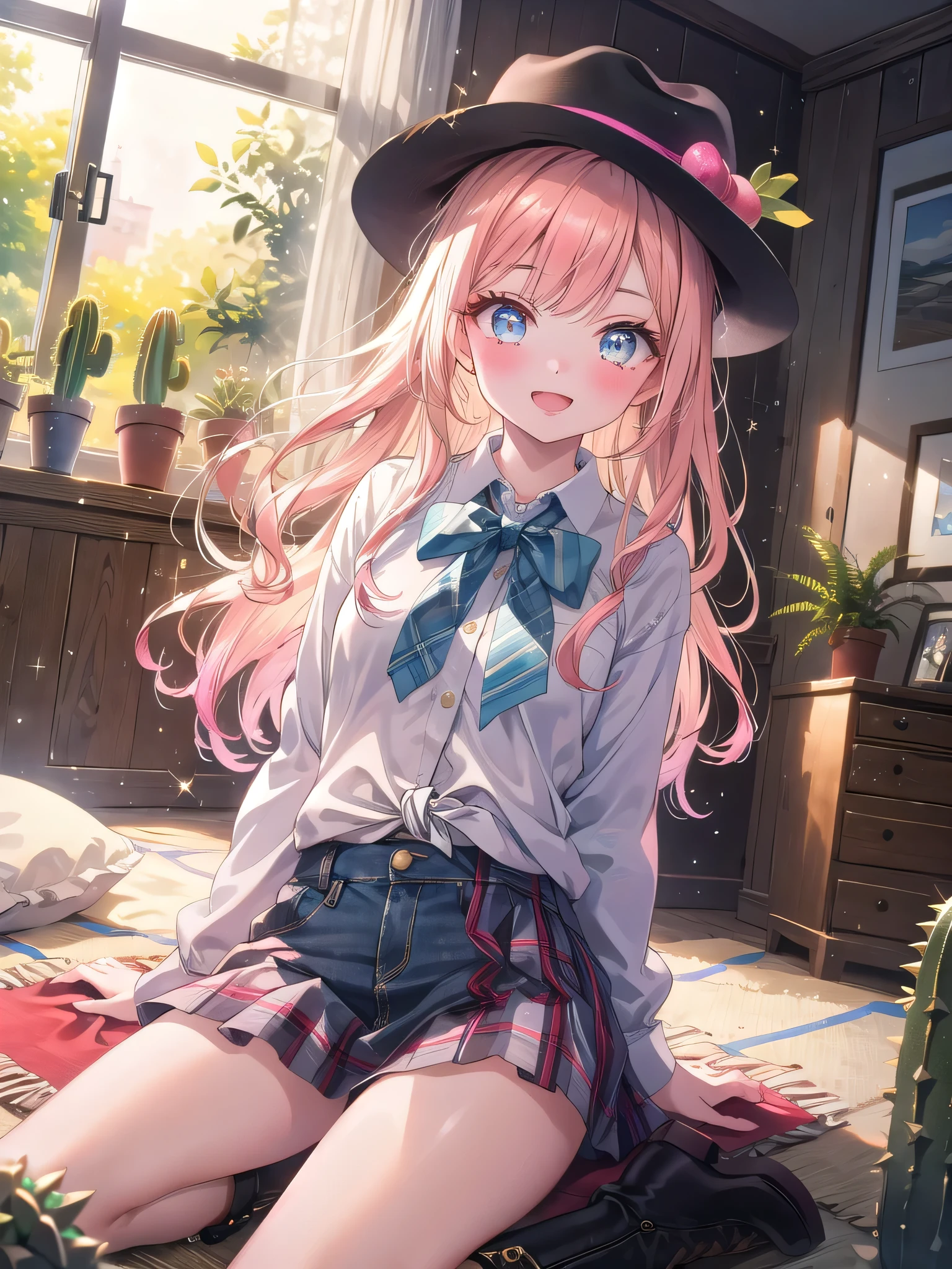 ((8k, Highest quality, masterpiece: 1.3)),Ultra-high resolution,(1 girl, alone), (Color changing eyes, Ultra-detailed, Expressive brilliance, Glitter, Glowing Eyes), Highly detailed eyes, Highly detailed face, Random Hair, ((pastel colour)),A joyful young woman with pastel peach-colored hair styled into soft waves, sitting on the floor of her sunlit bedroom during a bright morning. She is dressed in a cute yet subtly sexy cowgirl cosplay, wearing a denim skirt, a tied-up plaid shirt, and a pair of cowboy boots. The camera captures her from a slightly low angle as she playfully tips her cowboy hat with a bright smile, her expression full of energy and fun. The room is filled with natural sunlight, with a small cactus plant, a cowhide rug, and a rustic, western-themed atmosphere, (nsfw:1.2)