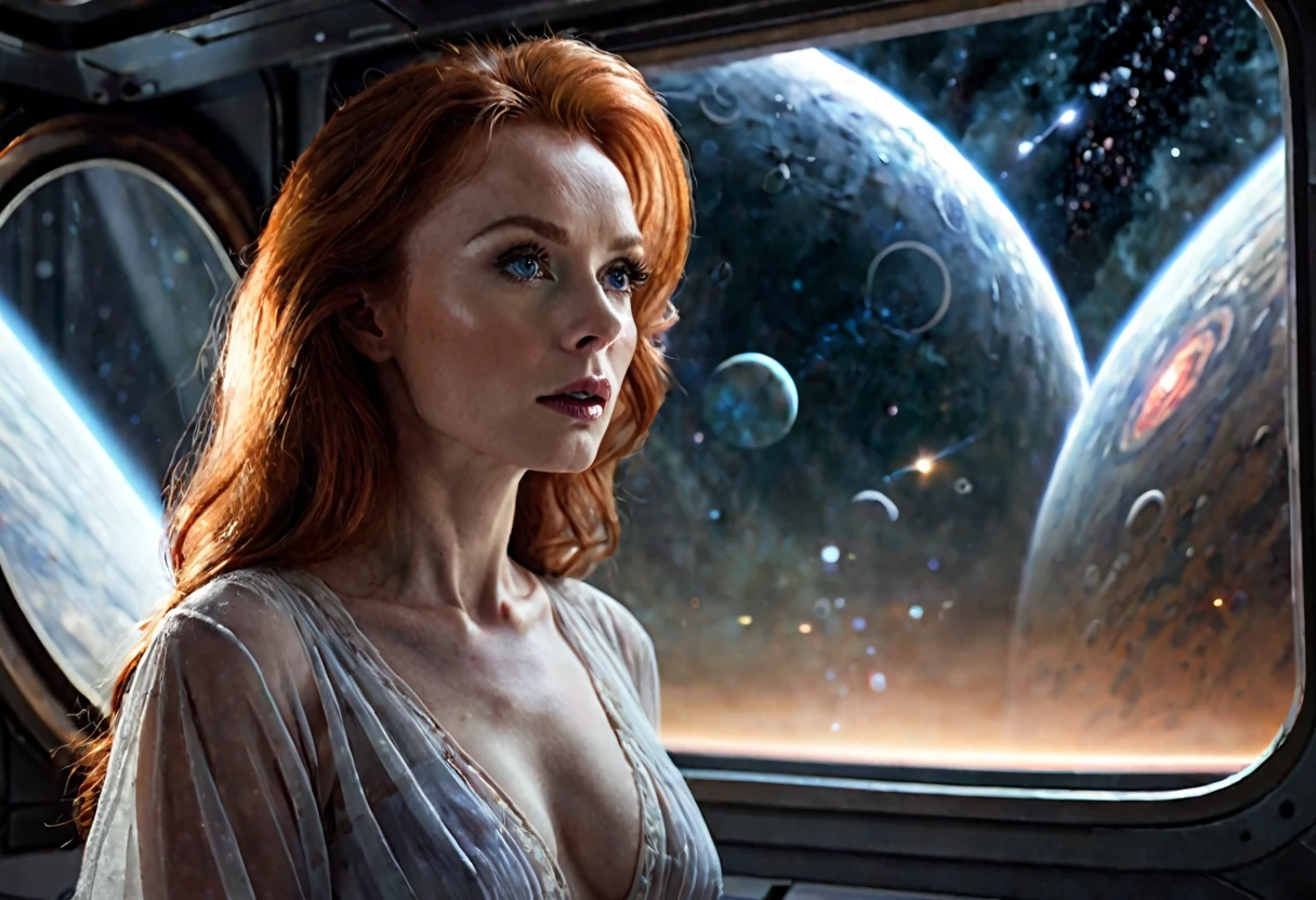 beautiful detailed eyes, beautiful detailed lips, extremely detailed eyes and face, longeyelashes, 1girl, beautiful woman Beverly Crusher, sheer nightgown, no underwear, sleepwalking, looking out starship window, ethereal cosmic beauty outside window, cinematic lighting, dramatic atmosphere, (best quality,4k,8k,highres,masterpiece:1.2),ultra-detailed,(realistic,photorealistic,photo-realistic:1.37), science fiction, dramatic lighting, moody lighting, deep space, stars, nebulas, planets
