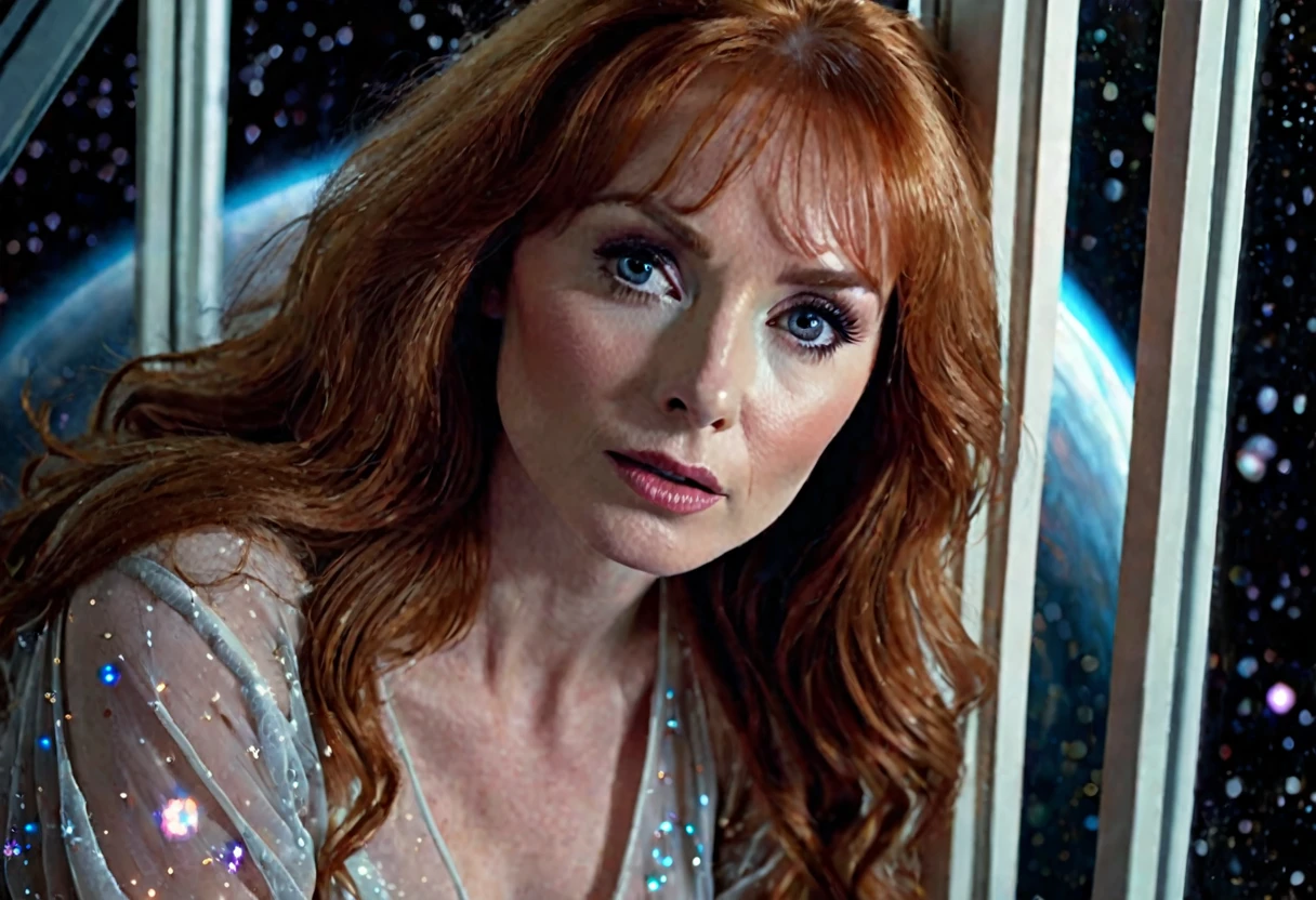 beautiful detailed eyes, beautiful detailed lips, extremely detailed eyes and face, longeyelashes, 1girl, beautiful woman Beverly Crusher, sheer nightgown, no underwear, sleepwalking, looking out starship window, ethereal cosmic beauty outside window, cinematic lighting, dramatic atmosphere, (best quality,4k,8k,highres,masterpiece:1.2),ultra-detailed,(realistic,photorealistic,photo-realistic:1.37), science fiction, dramatic lighting, moody lighting, deep space, stars, nebulas, planets