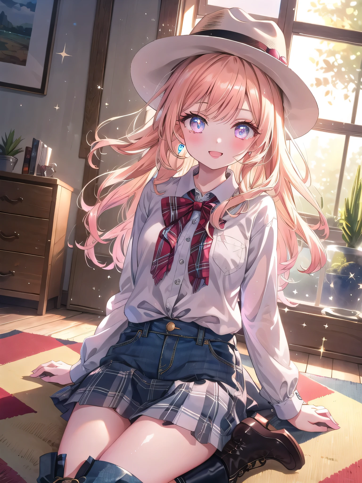 ((8k, Highest quality, masterpiece: 1.3)),Ultra-high resolution,(1 girl, alone), (Color changing eyes, Ultra-detailed, Expressive brilliance, Glitter, Glowing Eyes), Highly detailed eyes, Highly detailed face, Random Hair, ((pastel colour)),A joyful young woman with pastel peach-colored hair styled into soft waves, sitting on the floor of her sunlit bedroom during a bright morning. She is dressed in a cute yet subtly sexy cowgirl cosplay, wearing a denim skirt, a tied-up plaid shirt, and a pair of cowboy boots. The camera captures her from a slightly low angle as she playfully tips her cowboy hat with a bright smile, her expression full of energy and fun. The room is filled with natural sunlight, with a small cactus plant, a cowhide rug, and a rustic, western-themed atmosphere, (nsfw:1.2)