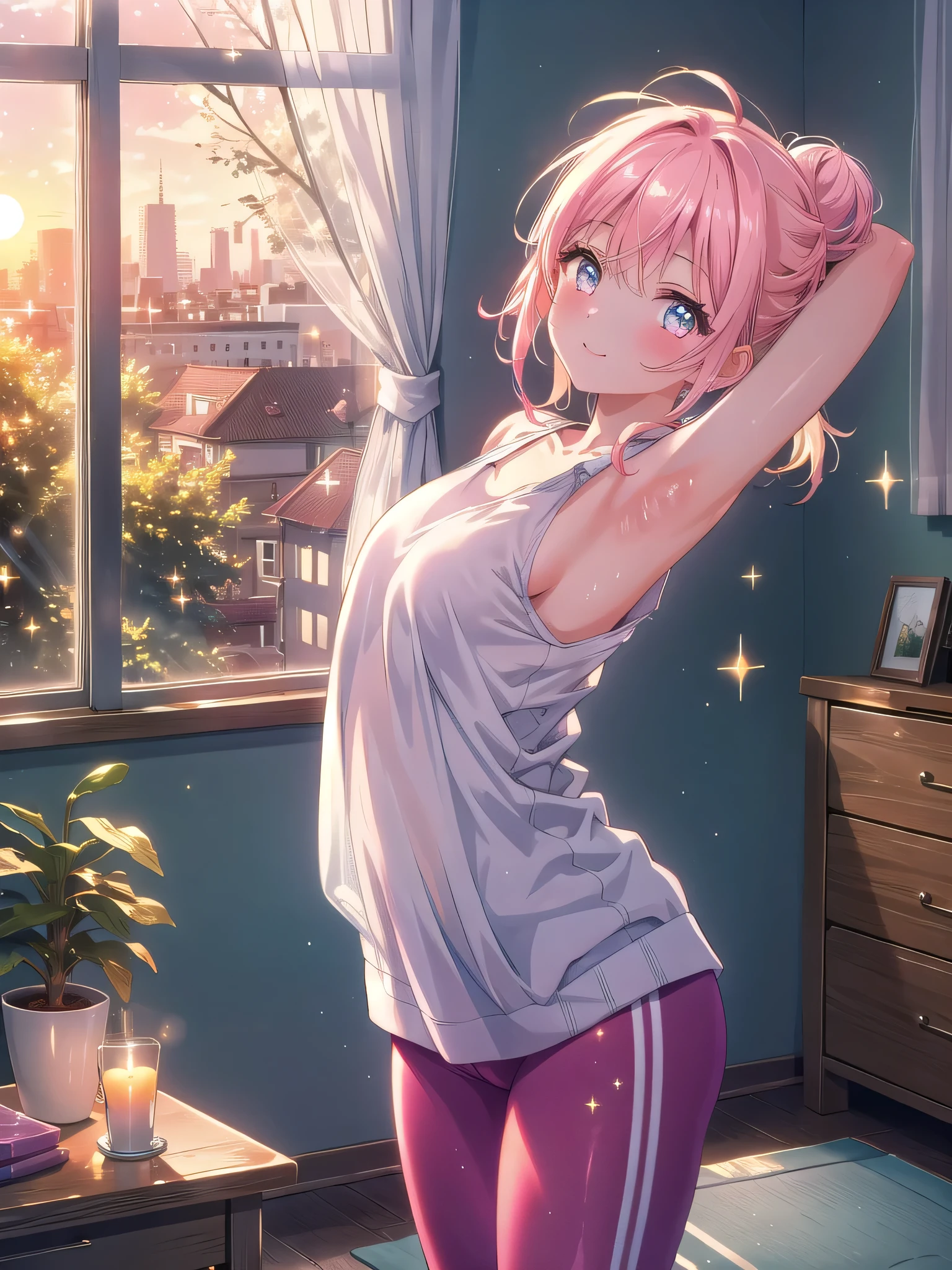((8k, Highest quality, masterpiece: 1.3)),Ultra-high resolution,(1 girl, alone), (Color changing eyes, Ultra-detailed, Expressive brilliance, Glitter, Glowing Eyes), Highly detailed eyes, Highly detailed face, Random Hair, ((pastel colour)),A cheerful young woman with pastel pink hair styled into a messy bun, standing by her window in her softly lit bedroom during a golden hour evening. She is dressed in a modest yet subtly sexy yoga instructor cosplay, wearing a fitted tank top and yoga pants, with a yoga mat rolled out beside her. The camera captures her from a side angle as she stretches with a bright smile, her expression full of tranquility and satisfaction. The room is warmly lit by the setting sun, with a few candles on the windowsill, a small indoor plant, and a serene, calming atmosphere, (nsfw:1.2)
