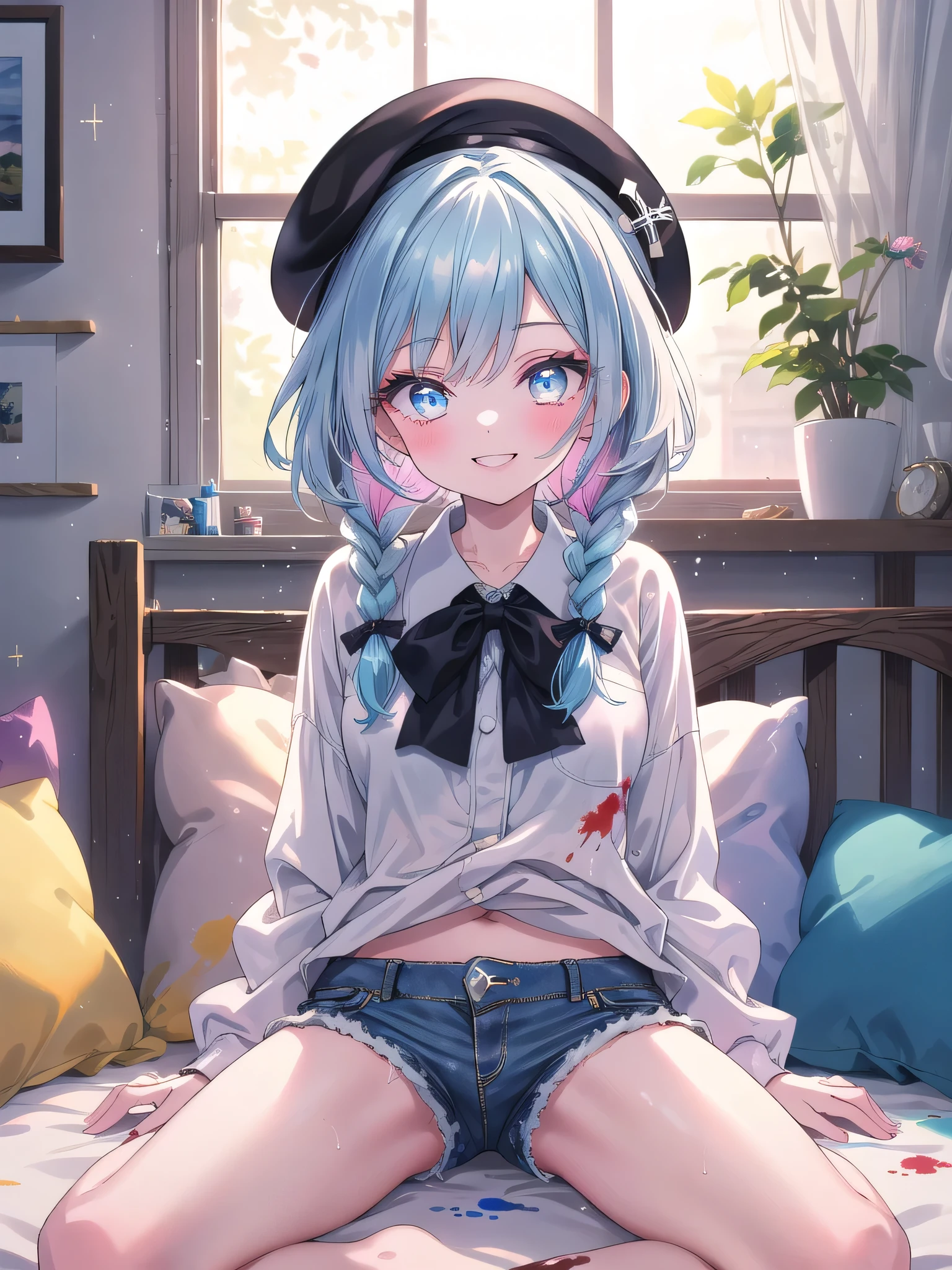 ((8k, Highest quality, masterpiece: 1.3)),Ultra-high resolution,(1 girl, alone), (Color changing eyes, Ultra-detailed, Expressive brilliance, Glitter, Glowing Eyes), Highly detailed eyes, Highly detailed face, Random Hair, ((pastel colour)),A lively young woman with pastel blue hair styled into twin braids, sitting cross-legged on her bed in her brightly lit bedroom during a sunny afternoon. She is dressed in a simple yet subtly sexy artist cosplay, wearing an oversized paint-splattered shirt, a pair of denim shorts, and a beret. The camera captures her from an overhead angle as she grins while holding a paintbrush, her expression full of creativity and joy. The room is filled with natural light, with a canvas on an easel, a palette of vibrant colors, and an inspiring, artistic atmosphere, (nsfw:1.2)