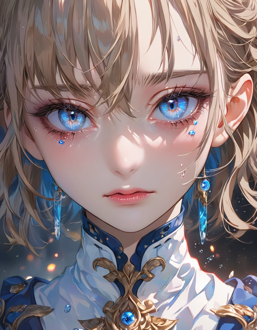 a close up of a person with blue eyes, stunning anime face portrait, cry, detailed anime soft face, beautiful anime portrait, beautiful anime face, high detailed face anime, beautiful crying female android!, realistic anime face, crying makeup, beautiful anime art, beautiful anime art style, anime moe artstyle, semi realistic anime, detailed anime art, digital anime art