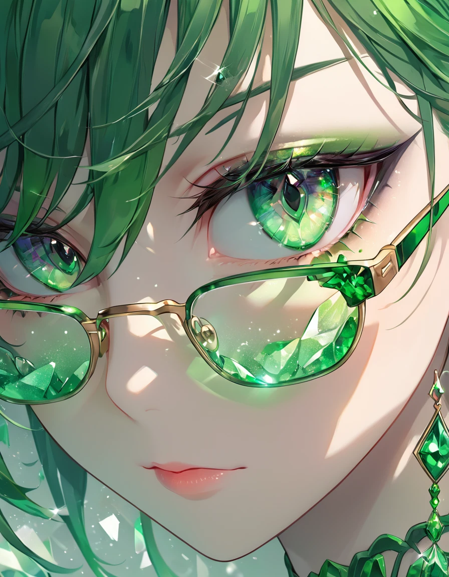 a close up of a person wearing glasses, emerald earrings, emerald jewelry, beautiful anime portrait, stunning anime face portrait, green crystal, green jewelry, cgsociety 9, beautiful anime style, emerald, very detailed emerald green eyes, beautiful anime art style, emeralds, thin green glassy crystal shards, green shades, full of glass. cgsociety