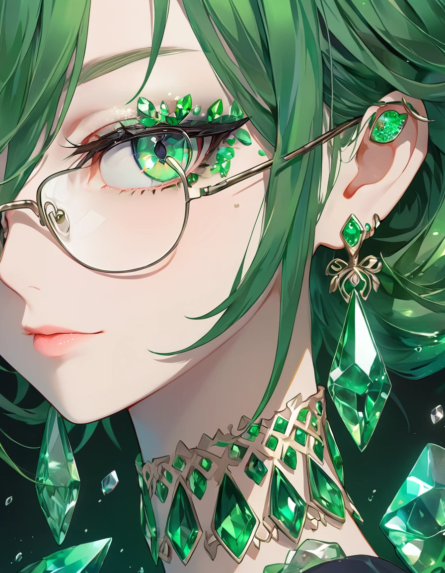 a close up of a person wearing glasses, emerald earrings, emerald jewelry, beautiful anime portrait, stunning anime face portrait, green crystal, green jewelry, cgsociety 9, beautiful anime style, emerald, very detailed emerald green eyes, beautiful anime art style, emeralds, thin green glassy crystal shards, green shades, full of glass. cgsociety