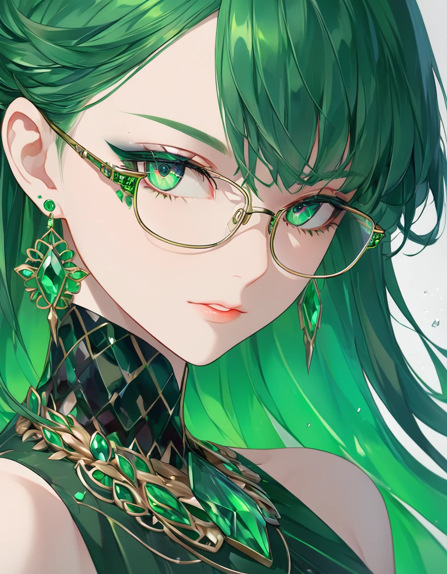 a close up of a person wearing glasses, emerald earrings, emerald jewelry, beautiful anime portrait, stunning anime face portrait, green crystal, green jewelry, cgsociety 9, beautiful anime style, emerald, very detailed emerald green eyes, beautiful anime art style, emeralds, thin green glassy crystal shards, green shades, full of glass. cgsociety