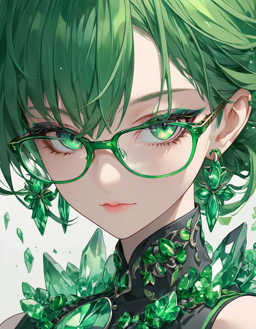 a close up of a person wearing glasses, emerald earrings, emerald jewelry, beautiful anime portrait, stunning anime face portrait, green crystal, green jewelry, cgsociety 9, beautiful anime style, emerald, very detailed emerald green eyes, beautiful anime art style, emeralds, thin green glassy crystal shards, green shades, full of glass. cgsociety