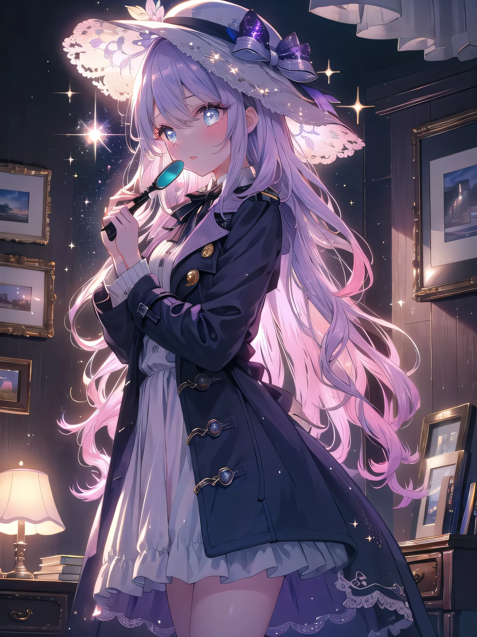 ((8k, Highest quality, masterpiece: 1.3)),Ultra-high resolution,(1 girl, alone), (Color changing eyes, Ultra-detailed, Expressive brilliance, Glitter, Glowing Eyes), Highly detailed eyes, Highly detailed face, Random Hair, ((pastel colour)),A lively young woman with pastel lavender hair styled into loose curls, standing near her desk in her softly lit bedroom during a quiet afternoon. She is dressed in a modest yet subtly sexy detective cosplay, wearing a tailored trench coat, a wide-brimmed hat, and a magnifying glass in hand. The camera captures her from a side angle as she strikes a playful pose with the magnifying glass held up to her eye, her expression full of curiosity and fun. The room is warmly lit by a desk lamp, with a few detective novels on the desk, a small bulletin board with pinned clues, and a mysterious, investigative atmosphere, (nsfw:1.2)
