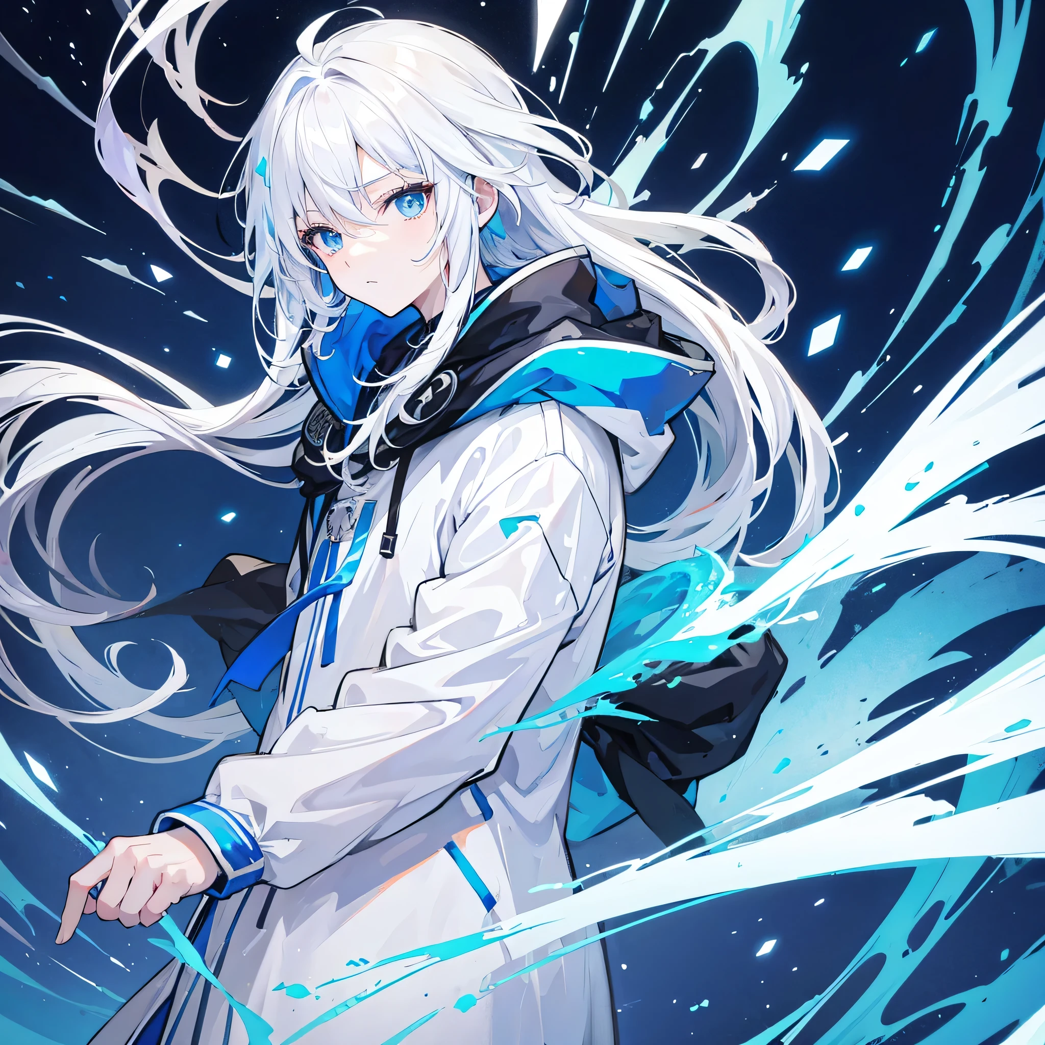 Male Characters,White hair and blue eyes,Wearing a white hoodie,Matching blue and black shirts,Anime style