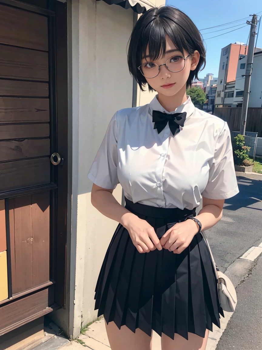 8k, RAW Photos, Highest quality, masterpiece, Realistic, Realistic, (1 Ultimate beauty), high school girlの,(Strictly adhere to a composition where only one person appears in the photo)、(On the way to school)(Wear rimless glasses)((high school girl))(((Shirt and mini pleated skirt)))Highly detailed face, (Perfect Teeth), fine grain, double eyelid, eyelash, Lip details, (((Black short bob hair), (((Very large breasts)))Big Breasts,(((Accentuate your cleavage)))(((Random Pause)))(((Emphasize the flesh of your buttocks)))((Sexy pose))Cowboy Shot, Soft Light, ((Written boundary depth))
Proceed with caution,((,Japanese women)), (((moderately fleshy body, Tight waist))), (((Realistic))