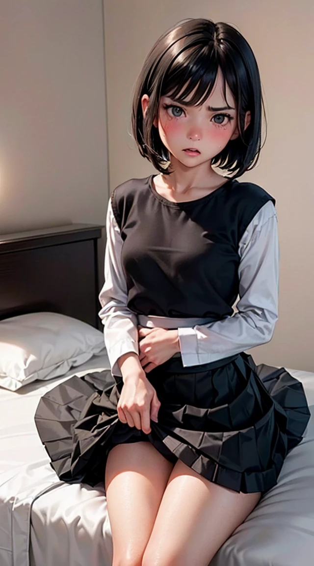One Woman, alone, alone Focus, Cowboy Shot, Portraiture,, Beaver,((Black Hair)), Short Bob, Very beautiful eyes, work, White knit, (Small TI quality, Very detailed,Bedroom、Lying in bed、1 female,Brown Hair, ,((Furious look)),(((Skirt Lift)))、stylish,,(I'looking forward to it)(((blush、Surprised expression)),(((short hair))),(((Skirt Lift)))
