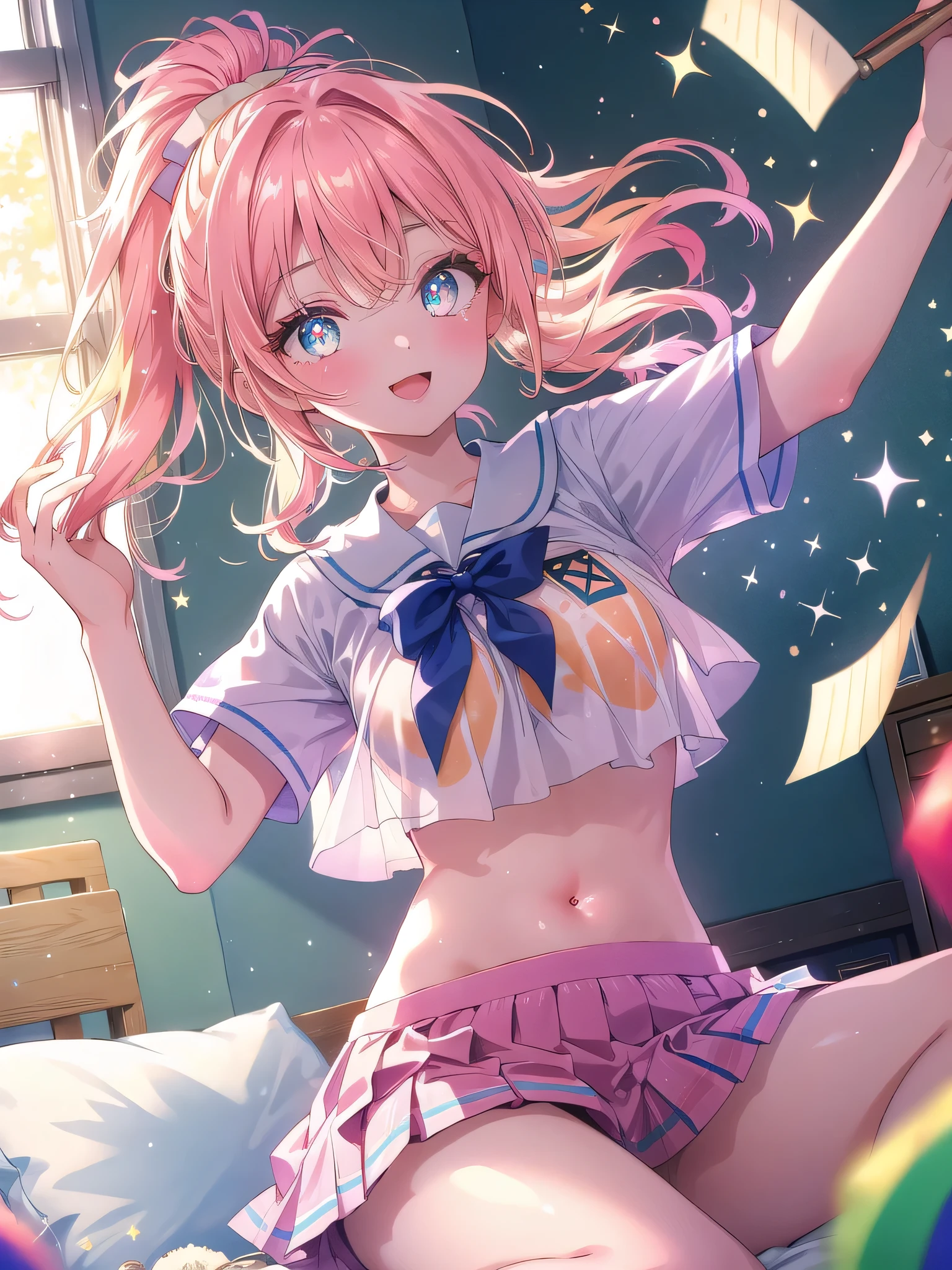 ((8k, Highest quality, masterpiece: 1.3)),Ultra-high resolution,(1 girl, alone), (Color changing eyes, Ultra-detailed, Expressive brilliance, Glitter, Glowing Eyes), Highly detailed eyes, Highly detailed face, Random Hair, ((pastel colour)),A joyful young woman with pastel peach-colored hair styled into a high ponytail, sitting cross-legged on her bed in her sunlit bedroom during a late morning. She is dressed in a sweet yet subtly sexy retro cheerleader cosplay, wearing a pleated skirt, a cropped top with a large letter on the chest, and matching pom-poms in her hands. The camera captures her from a slightly low angle as she cheers with a bright smile, her expression full of enthusiasm and spirit. The room is filled with natural light, with a small pennant flag on the wall, a few colorful cushions, and an energetic, school-spirited atmosphere, (nsfw:1.2)