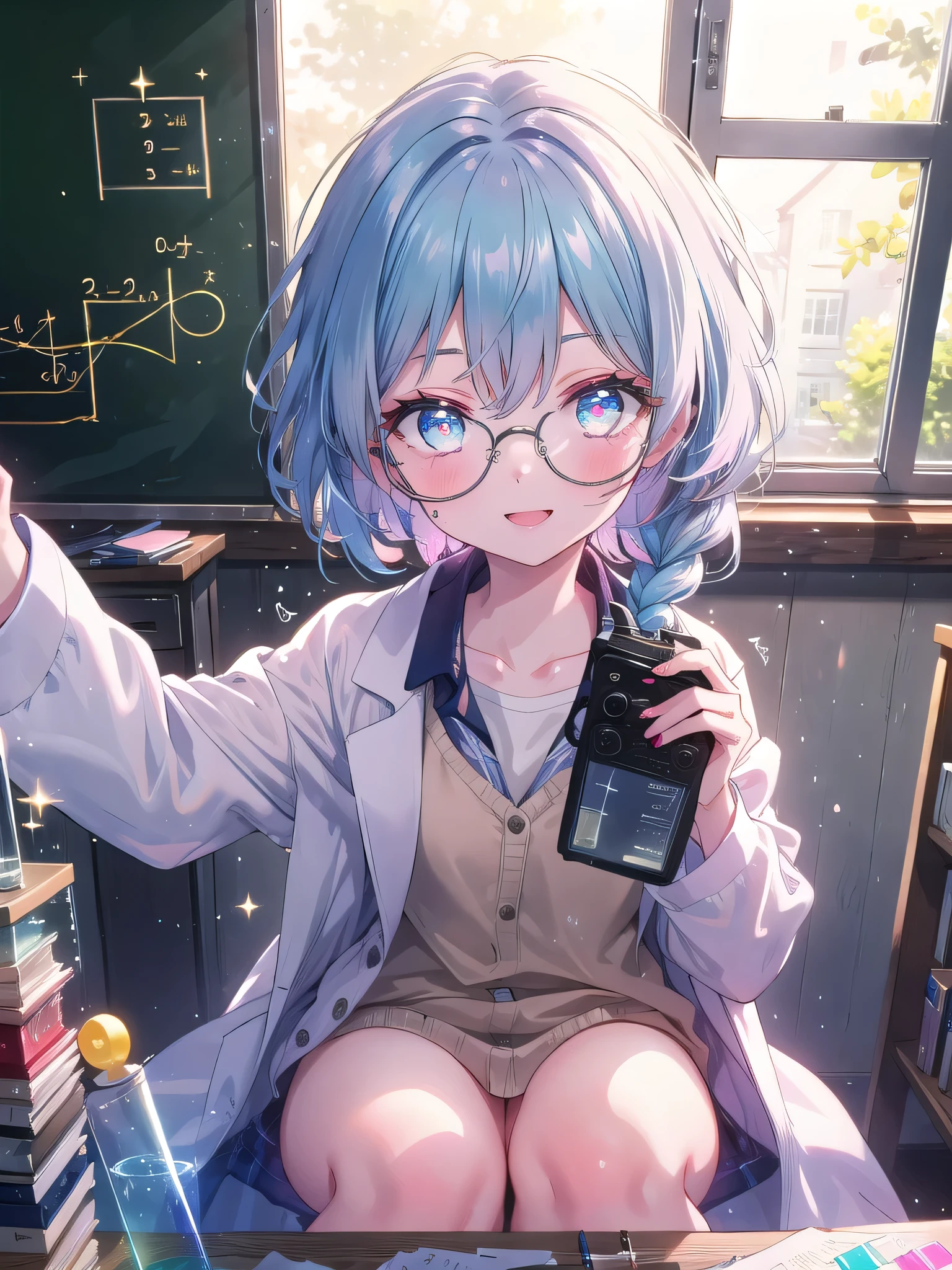 ((8k, Highest quality, masterpiece: 1.3)),Ultra-high resolution,(1 girl, alone), (Color changing eyes, Ultra-detailed, Expressive brilliance, Glitter, Glowing Eyes), Highly detailed eyes, Highly detailed face, Random Hair, ((pastel colour)),A playful young woman with pastel blue hair styled into a loose braid, sitting at her desk in her brightly lit bedroom during a sunny afternoon. She is dressed in a simple yet subtly sexy scientist cosplay, wearing a lab coat over a fitted shirt and a pair of glasses perched on her nose. The camera captures her from an overhead angle as she grins while examining a small test tube, her expression full of curiosity and joy. The room is bathed in natural light, with a few scientific instruments scattered on the desk, a small chalkboard with equations, and a lively, academic atmosphere, (nsfw:1.2)
