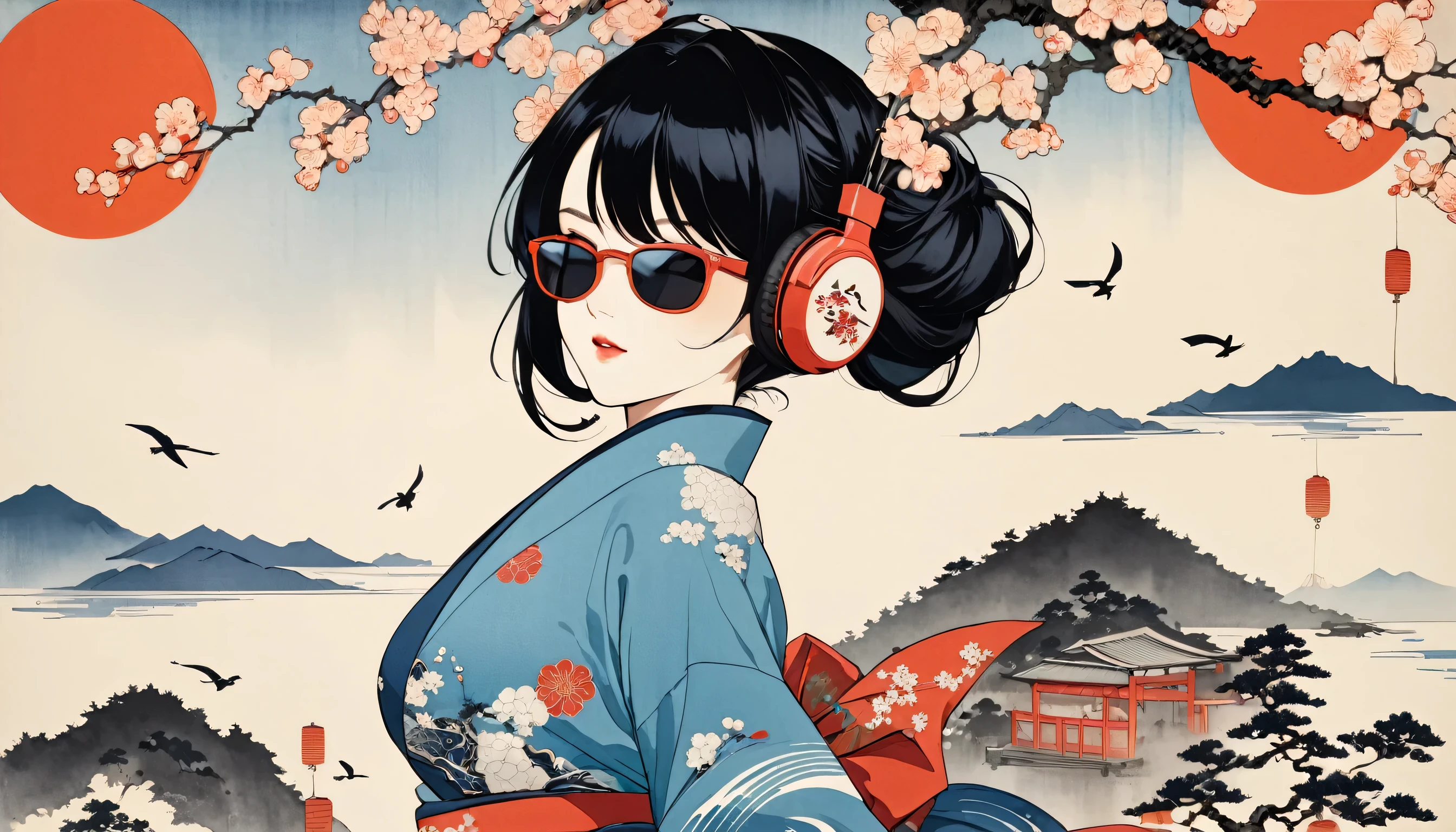 Ink Painting, (((1 girl))), (((music festival))), sunglasses, Japanese style headphones, Japanese beauty, Black Hair, big breast,Delicate and precise, Modern ukiyo-e style, vivid color