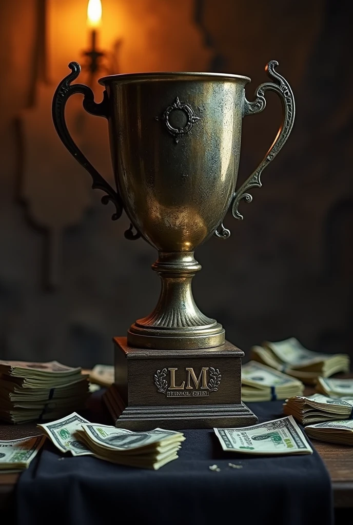 Create a dark themed image of a CLM trophy with money
