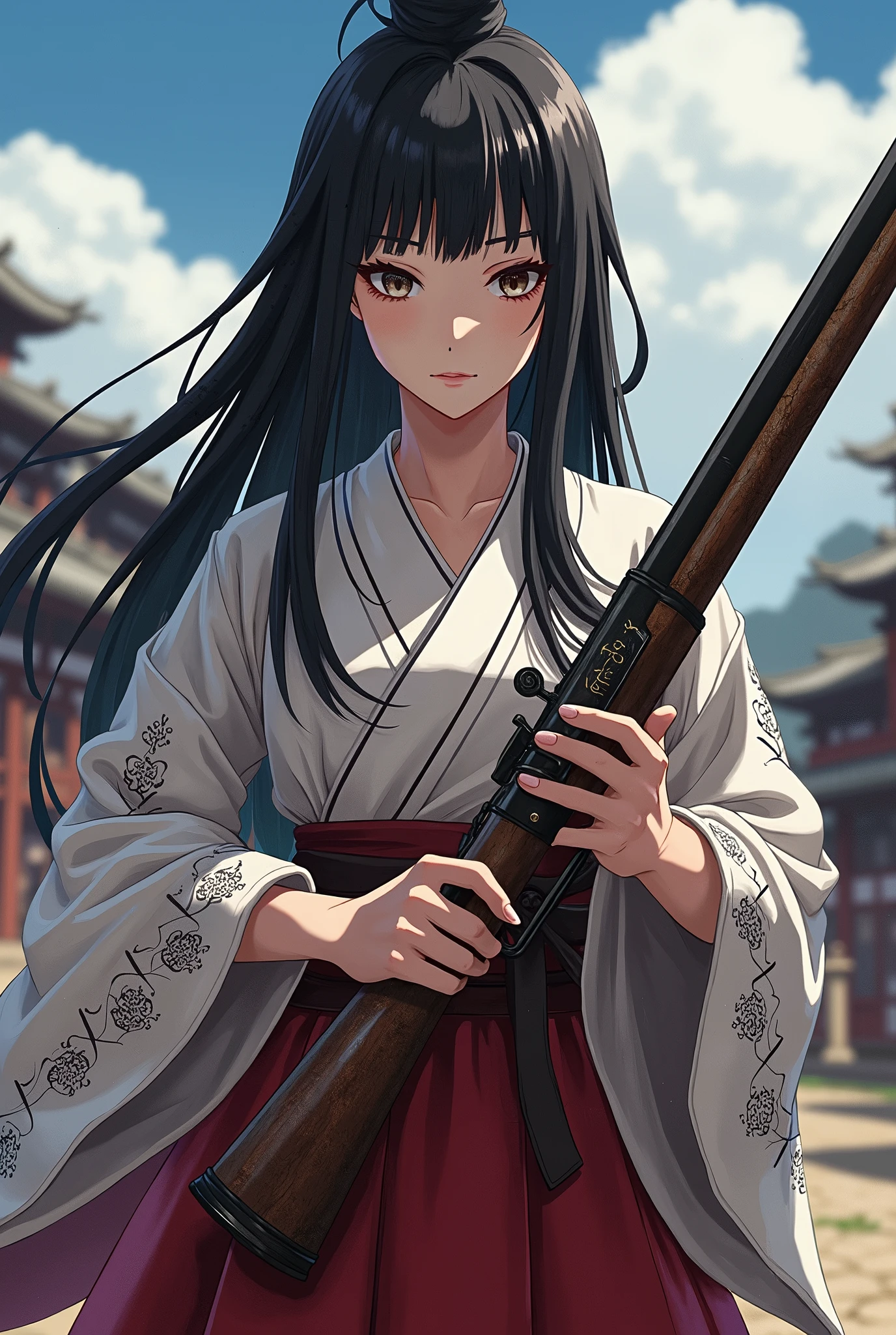 Sengoku period anime female Tanegashima (a type of firearm) with downcast eyes and straight long hair