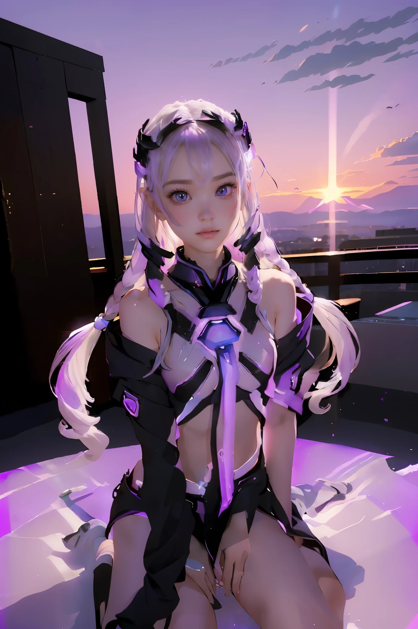 ((masterpiece, best quality, extremely detailed), volumetric lighting, ambient occlusion, colorful, glowing), a boy and a girl, (purple white gradient long hair),  halo, aura, sacred, goddess,, (black outfit:1.3), 
outdoors, sunset, sky, clouds, space, ((a couple shot)),