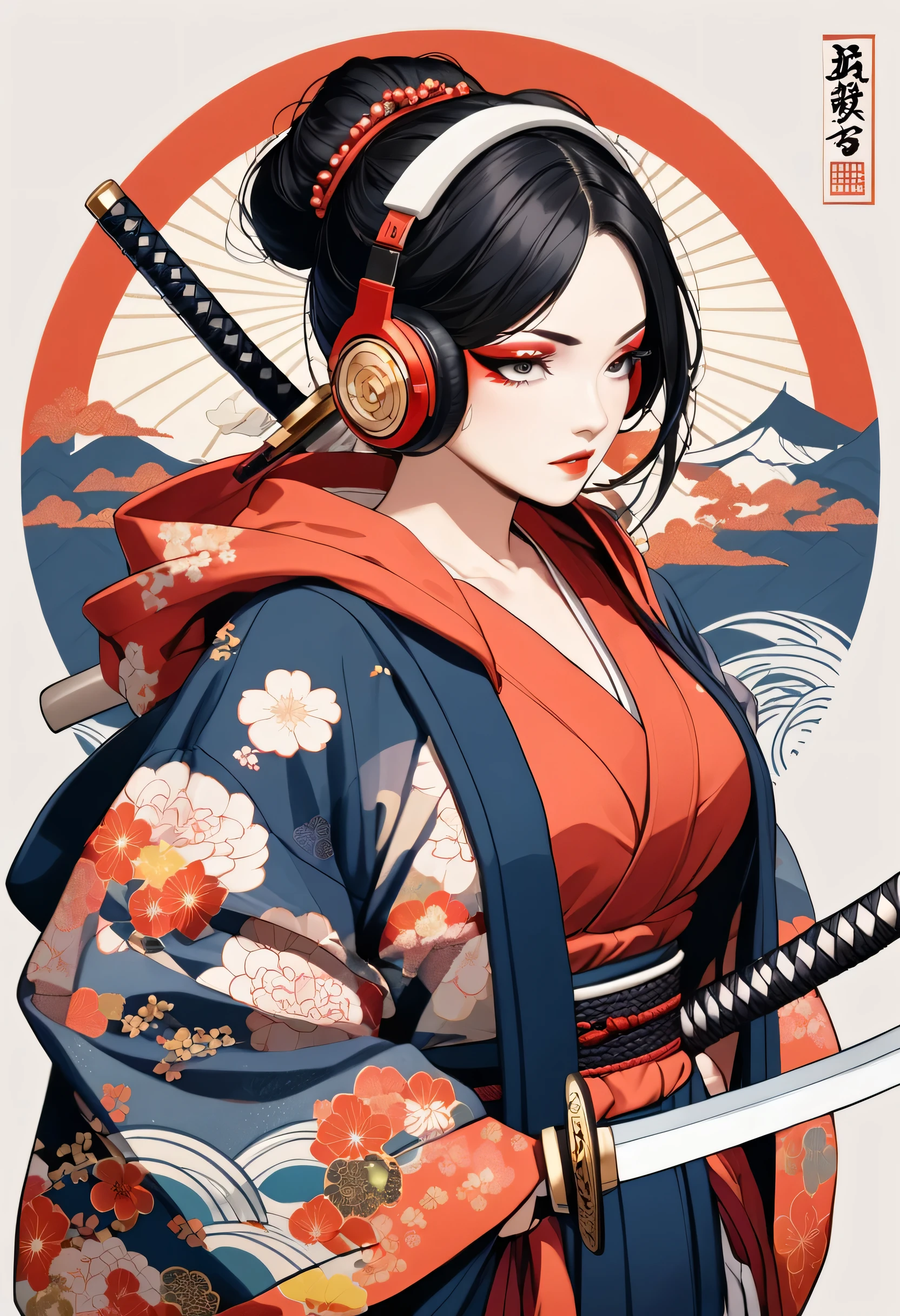 (((1 girl))), (((Flashy makeup))), (((Japanese style headphones))), (((Japanese pattern hoodie))), (((Japanese sword))), (((Female samurai))), Japanese beautiful girl, BIG BREAST, BIG ASS,Black Hair, Delicate and precise, Modern ukiyo-e style, Japanese flag, battle style