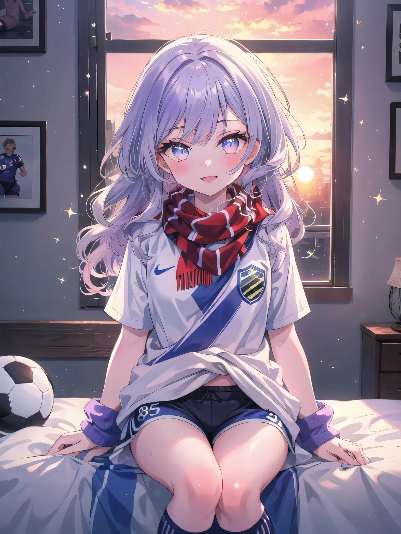 ((8k, Highest quality, masterpiece: 1.3)),Ultra-high resolution,(1 girl, alone), (Color changing eyes, Ultra-detailed, Expressive brilliance, Glitter, Glowing Eyes), Highly detailed eyes, Highly detailed face, Random Hair, ((pastel colour))A joyful young woman with pastel lavender hair styled into loose waves, sitting cross-legged on her bed in her softly lit bedroom during a late afternoon. She is dressed in a simple yet subtly sexy soccer player cosplay, wearing a fitted jersey, athletic shorts, and knee-high socks. The camera captures her from a slightly elevated angle as she smiles brightly, holding a soccer ball in her lap, her expression full of energy and excitement. The room is warmly lit by the setting sun, with a few sports posters on the wall, a soccer scarf draped over a chair, and a lively, sporty atmosphere, (nsfw:1.2)
