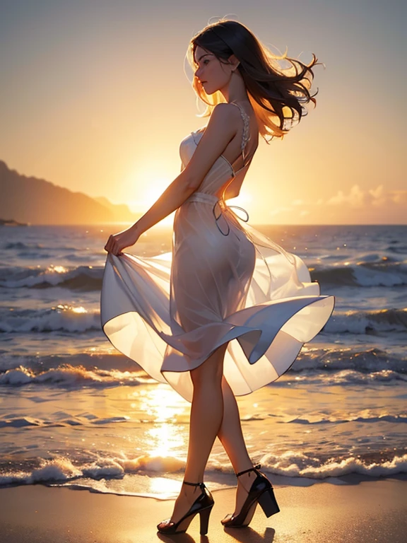 (realistic photo:1.37), Beautiful face profile, Summer sea evening sunset, Sunset overlap the person, The sunset is reflected on the sea surface, (Dazzling sunset:1.4, beautiful evening sunset:1.3), 2 womens on the beach, Two beautiful women are about to hug each other's waists and kiss, (Lens Ghosting:1.5, lens flare:1.2, Octagon-shaped lens ghost), Fiery Horizon, (String of saliva:1.2), sensual, (Silky platinum blonde Hair:1.2), (The other one woman ultra Shiny straight black hair:1.3), ((Natural backlighting:1.4)), detalhes faciais, ((one woman wears lace tiered mini skirt and sheer white Summer clothes)), ((The other woman wears a sheer tulle skirt and Sheer Summer Dresses)), (making a kissy face:1.2), ((full body view:1.2)), very beautiful face, A well-balanced face profile, blonde girl and Black Hair girl, erotic a look, Highly detailed face, Slightly slimmer body, Realistic Skin,
BREAK. masterpiece, ultra high resolution, high definition RAW photograph, Highly detailed CG, best quality, 4K, perfect anatomy, perfect proportions, Romantic Landscape, Sparkling sea, Accurate limbs, Back blur, Hand details, finger details, Slightly large butt, erotic body