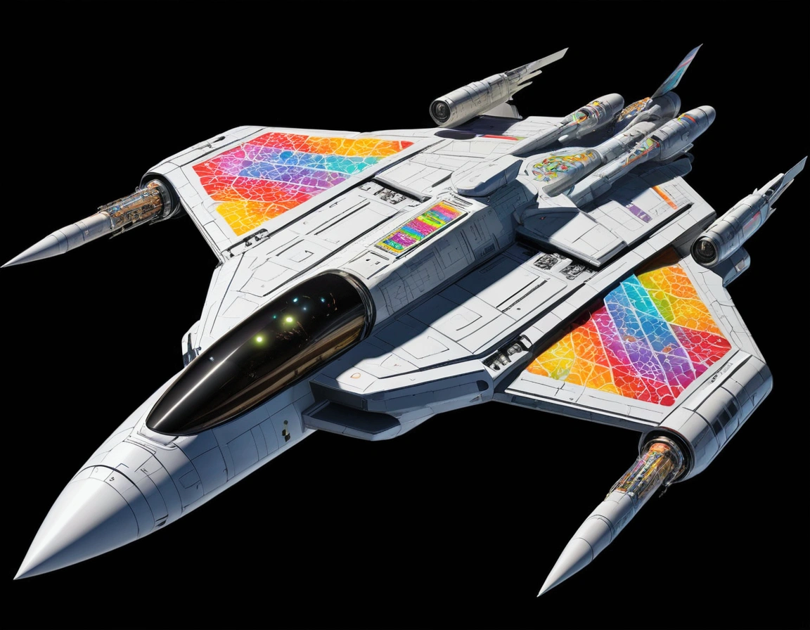 An full image of a giant heavily armored futuristic flying all terrain mothership, covered in rainbow batik pattern and glowing javanese runic symbols, automatic turrets, missile banks, missile defense system, multi-port rear engine arrays, large pivoted missile pods, anti-air batteries, reactive armour over vital spaces, VTOL thrusters, ventral ground-facing VTOL thruster bays, retractable center cannon