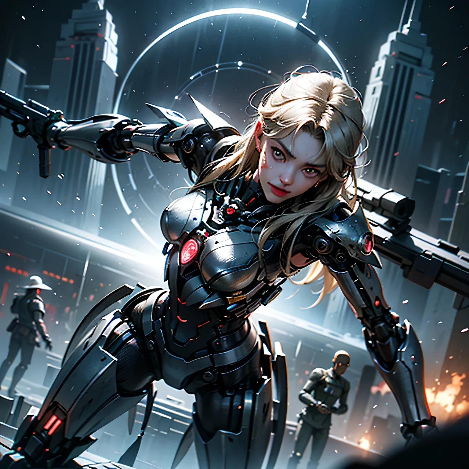 meishaonv, gun, mecha musume, magic circle, detailed cyberpunk cyborg girl,1girl,beautiful detailed eyes,beautiful detailed lips,extremely detailed face,long eyelashes,intricate machinery,chrome metal body parts,glowing neon accents,dramatic battle scene, futuristic cityscape background, hyperrealistic, cinematic composition, dramatic action pose, science fiction,award winning digital art,photorealistic,cinematic lighting,dramatic shadows,highly detailed,8k,masterpiece, Perfect Anatomy、Watching the audience、A confident smile、(A female warrior fighting against mechanical creatures:1.3)