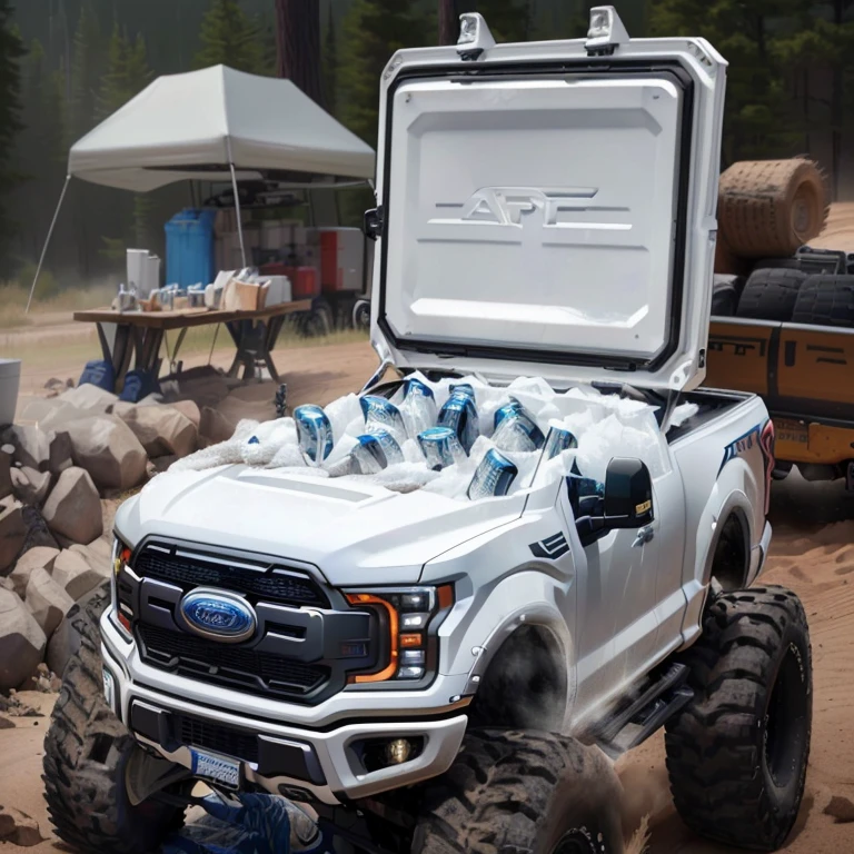 a close up of a truck with a cooler on the back, ford f-150 raptor, 6 packages, PBR, ford, tundra, cool appearance, truck, product introduction photos, official product photo, top angle view, 2021, 2 0 2 1, professional sports style, com rack de teto, raptor, product placement, presenting engine