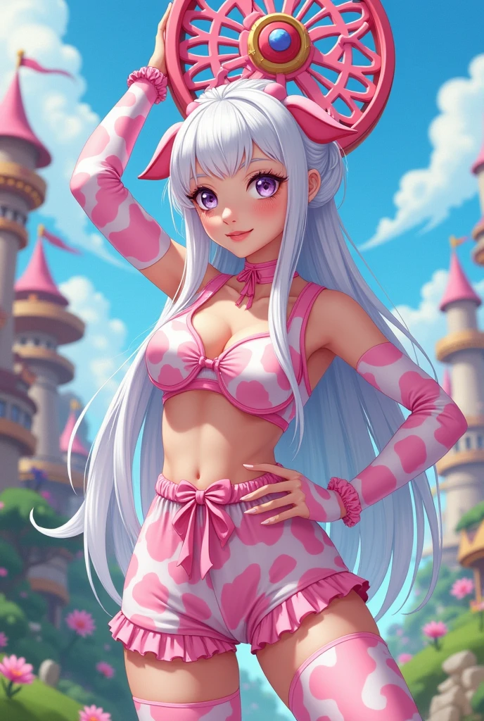 Anime Sexy woman Roblox theme in pink and white cow outfit With socks, with the mahoraga wheel on her head and White hair tied up