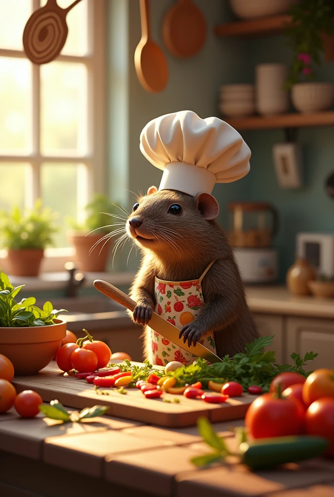 Mole、Chef's hat、apron、Cutting board、Cooking with a knife