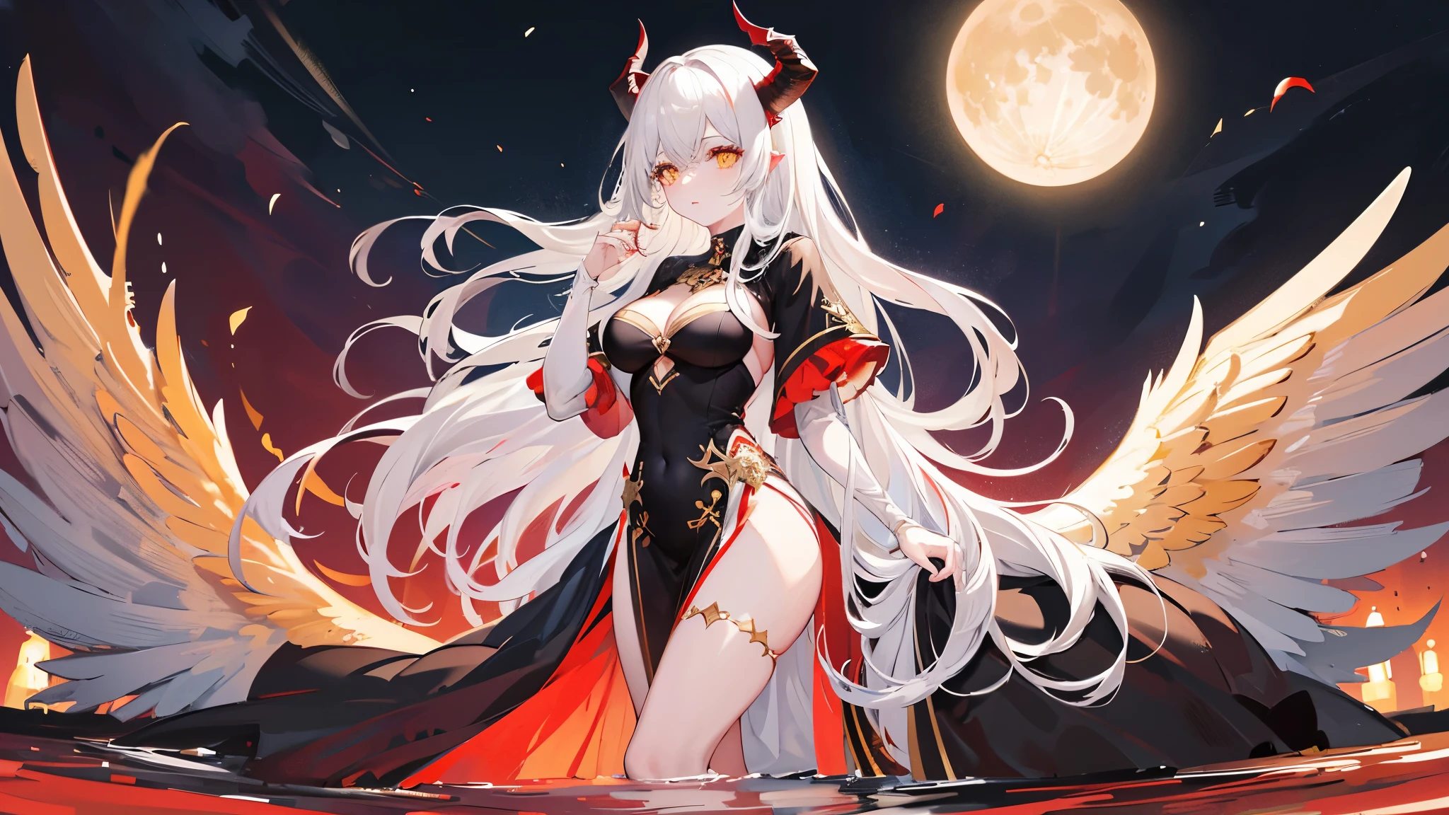 ultra high details, mature woman, red skin, 2 large horns, 2 big black wings, long wavy white hair, yellow eyes, black long dress with gold ornaments, standing in a river, moon with starry sky, looking up, magic, sparkels,