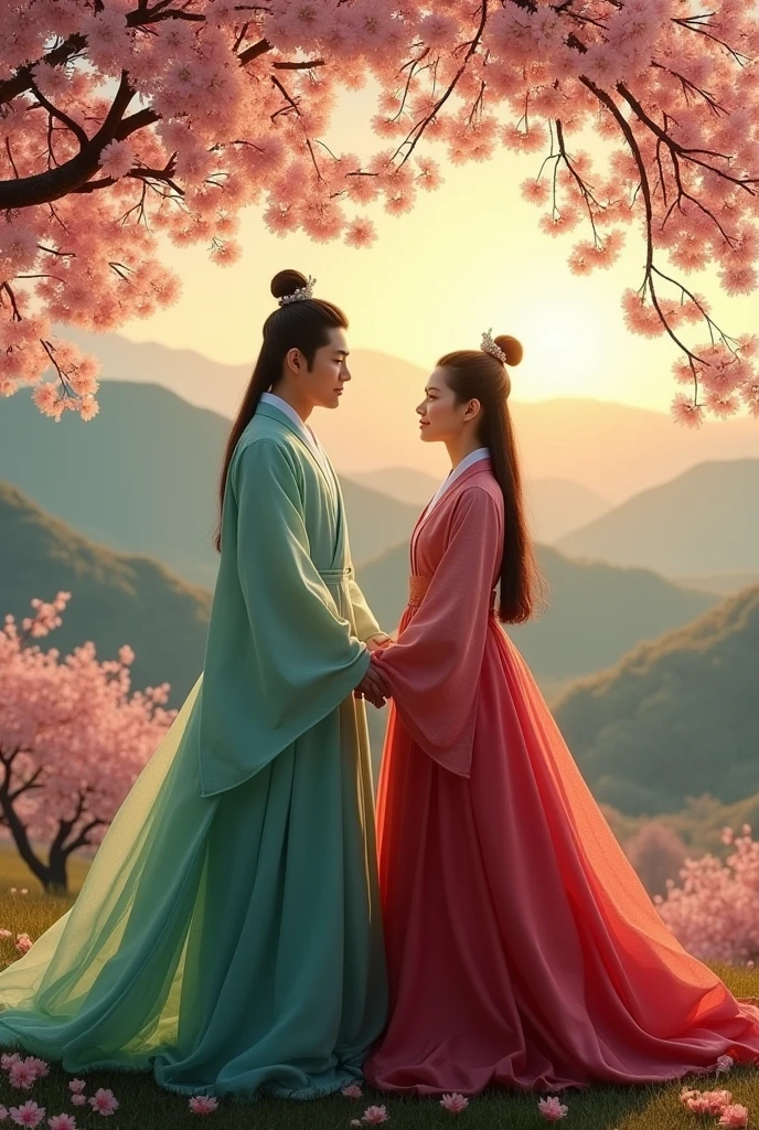 Korean man and woman, ancient style, in the nature. They hold each others hand but they are seperating. There is sadness. Like book cover