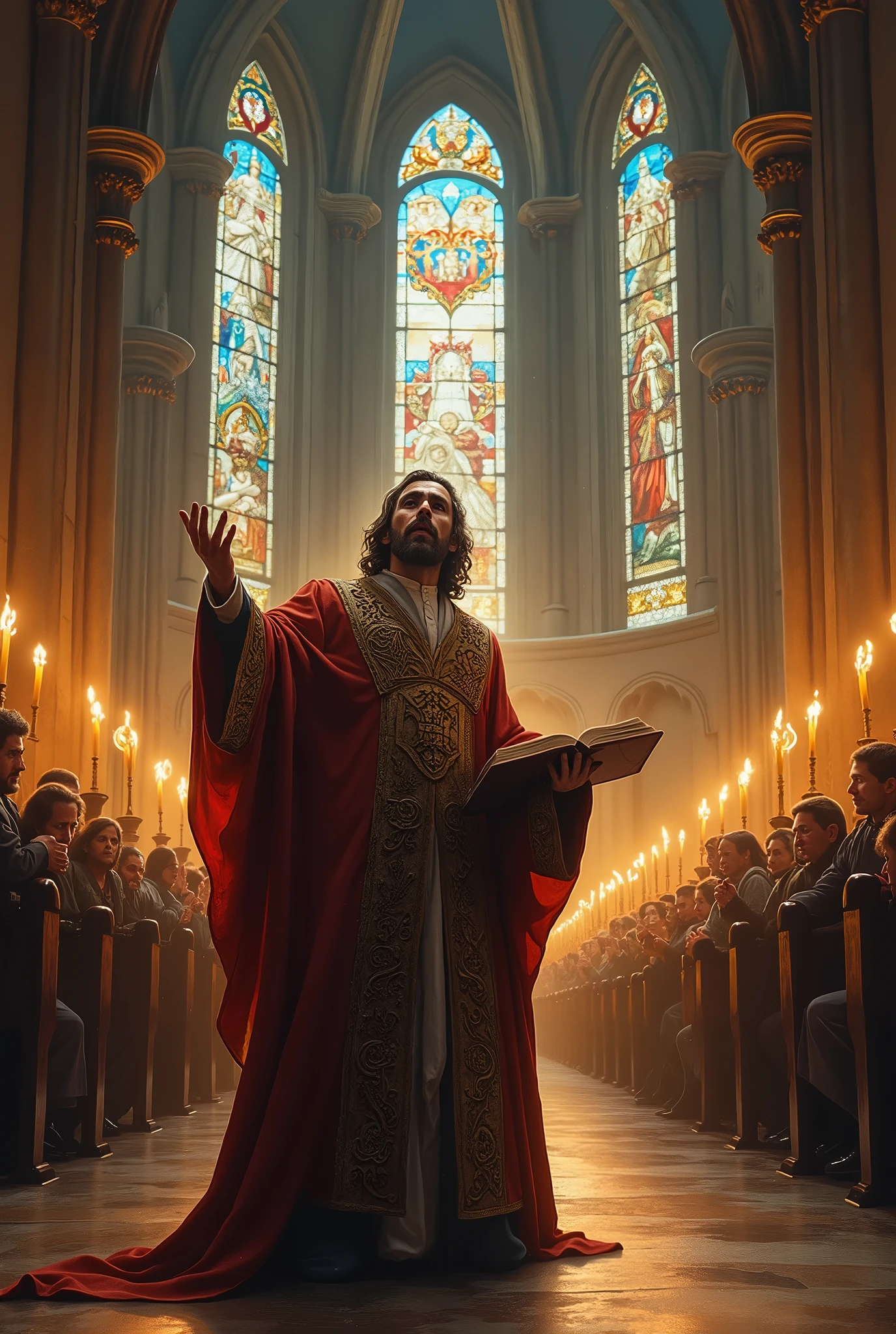 A preacher of the gospel with a Bible in hand speaking boldly to people inside a large Gothic cathedral. Painting style image.