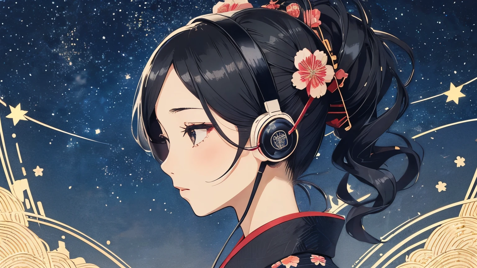 top-quality, High-quality illustrations, girl with black kimono flower pattern, ponytail, feminine, black hair, kanzashi, hand fan, ((background: night, starry sky)), ((headphones)), ((ukiyo-e style)),