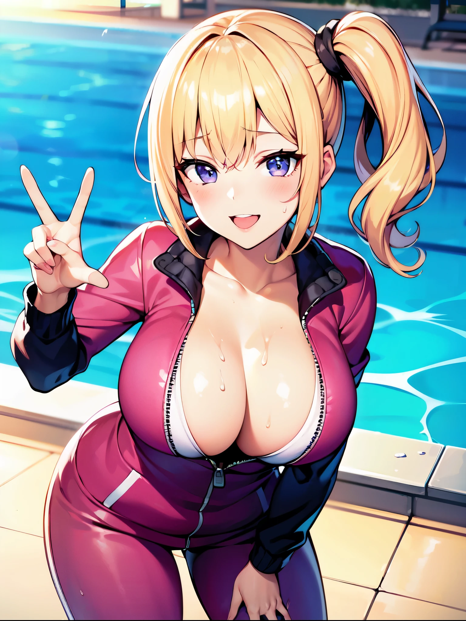 （（super high quality,Ultra-high resolution,16K,super masterpiece,Ultra HD））,Poolside on a sunny day,Burning Sun,Water splashing everywhere,One Girl,（（A thin, pink, shiny tracksuit,（popped collar,Tight collar）,Zipper open from under the chin to the navel,Fine Zipper）,Cleavage,sexy）,Short wavy blonde hair,Short Side Ponytail,Purple butterfly hair tie,Wink,smile,Sweaty,Place one hand on hip,Make a V-sign towards the camera,Tilt slightly forward,Leaning forward significantly,