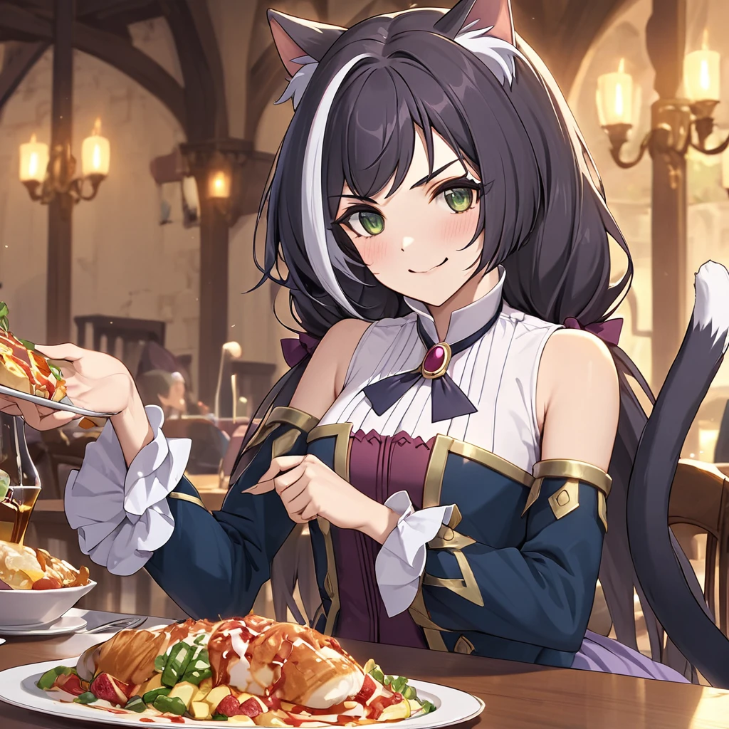 One person, karyl, princess connect!, black very long hair, drill hair, multicolored hair, streaked hair, Green Eyes、Cat ear、One cat tail grows from the waist., detached sleeves, frilled skirt, cat tail,dress、boots、A determined smile、Eating at the dining hall table、 break masterpiece、Beautiful attention to detail:1.2, Perfect lighting, (perfect hand, perfect anatomy)
