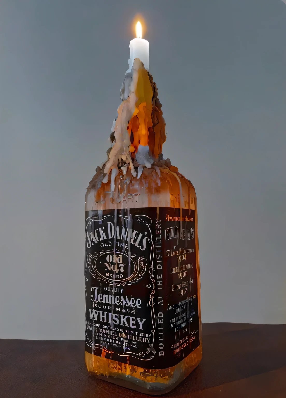 here is a candle that is sitting in a empty bottle of whiskey, whiskey bottle, very fancy whiskey bottle, fancy whiskey bottle, inspired by Jack Daniels, hyper realistic poison bottle, by Jack Daniels, by James Ryman, made of wax and water, jack, inspired by James Daniels, y2k”, jack Daniel's is the bottle, inspired by Jack Roth, whiskey