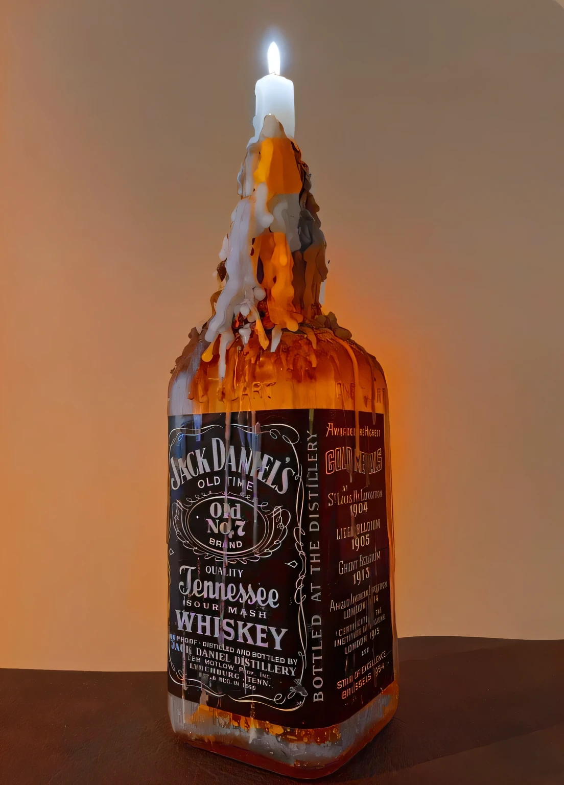 here is a candle that is sitting in a empty bottle of whiskey, whiskey bottle, very fancy whiskey bottle, fancy whiskey bottle, inspired by Jack Daniels, hyper realistic poison bottle, by Jack Daniels, by James Ryman, made of wax and water, jack, inspired by James Daniels, y2k”, jack Daniel's is the bottle, inspired by Jack Roth, whiskey