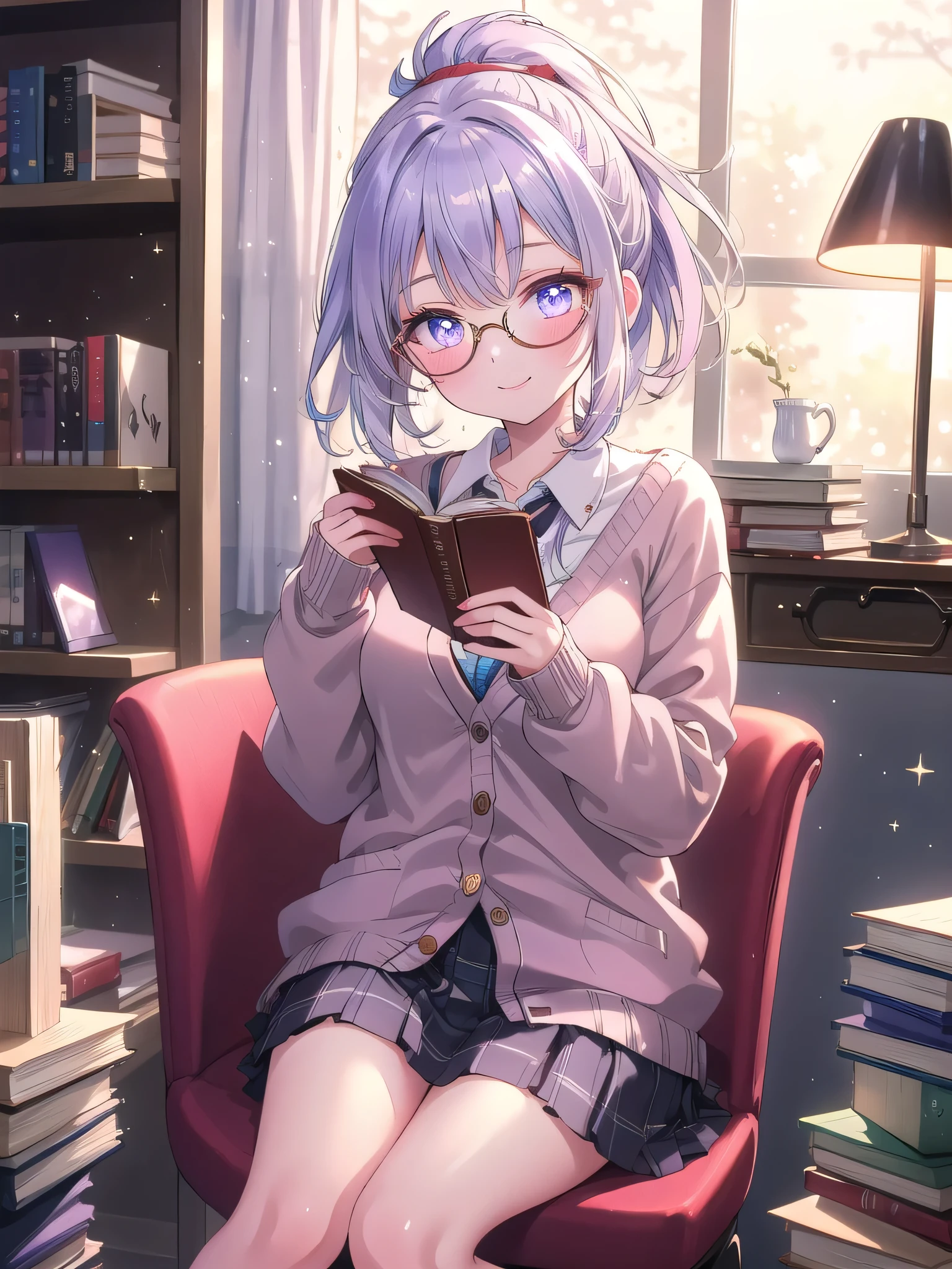 ((8k, Highest quality, masterpiece: 1.3)),Ultra-high resolution,(1 girl, alone), (Color changing eyes, Ultra-detailed, Expressive brilliance, Glitter, Glowing Eyes), Highly detailed eyes, Highly detailed face, Random Hair, ((pastel colour)),A joyful young woman with pastel lavender hair styled into a simple ponytail, sitting at her desk in her softly lit bedroom during a quiet evening. She is dressed in a simple yet subtly sexy librarian cosplay, wearing a fitted cardigan over a blouse, a knee-length skirt, and a pair of reading glasses perched on her nose. The camera captures her from a frontal angle as she smiles gently while holding an open book, her expression full of warmth and knowledge. The room is warmly lit by a desk lamp, with a few stacked books on the desk, a cozy chair in the corner, and a peaceful, scholarly atmosphere, (nsfw:1.2)