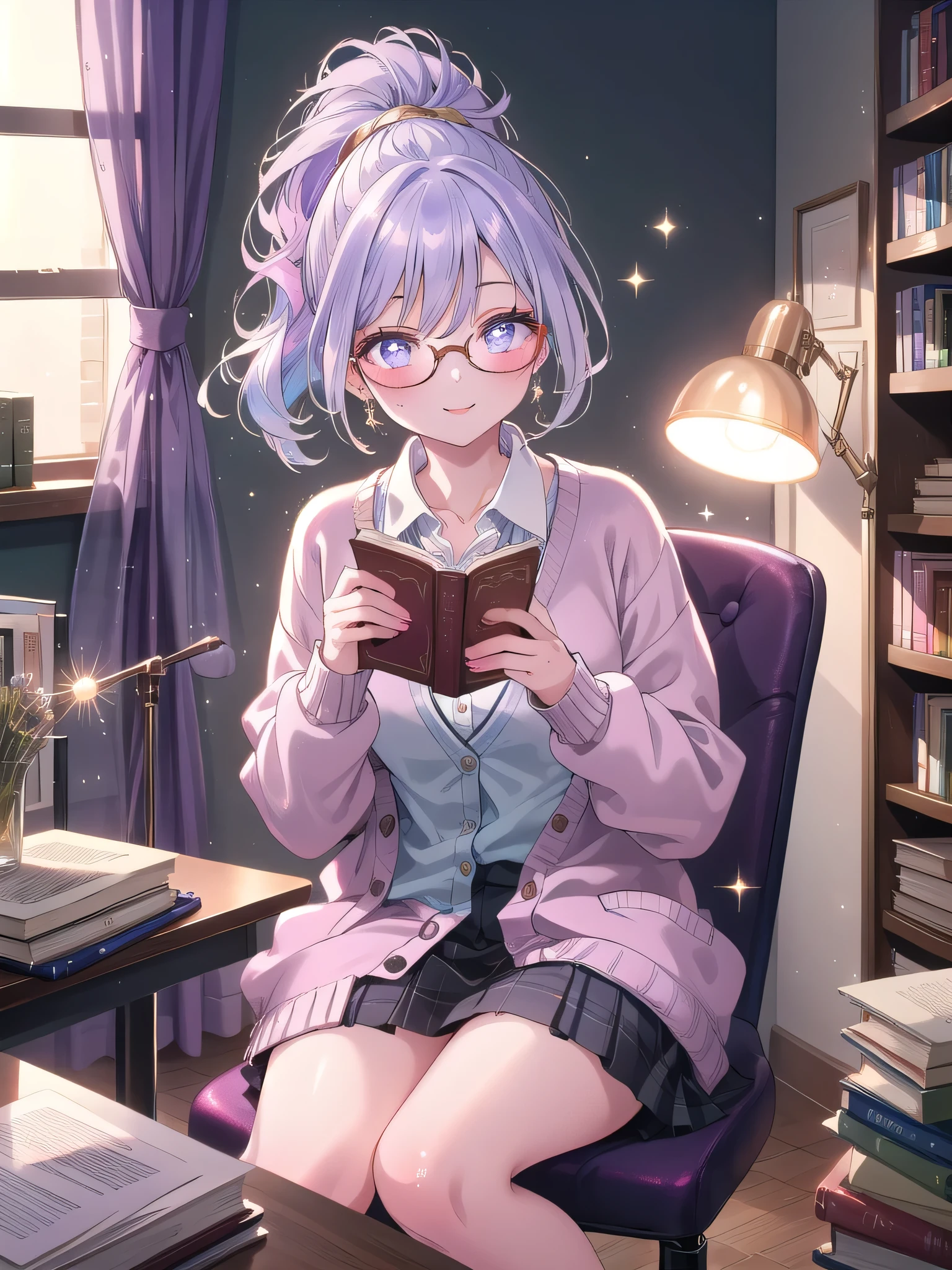 ((8k, Highest quality, masterpiece: 1.3)),Ultra-high resolution,(1 girl, alone), (Color changing eyes, Ultra-detailed, Expressive brilliance, Glitter, Glowing Eyes), Highly detailed eyes, Highly detailed face, Random Hair, ((pastel colour)),A joyful young woman with pastel lavender hair styled into a simple ponytail, sitting at her desk in her softly lit bedroom during a quiet evening. She is dressed in a simple yet subtly y librarian cosplay, wearing a fitted cardigan over a blouse, a knee-length skirt, and a pair of reading glasses perched on her nose. The camera captures her from a frontal angle as she smiles gently while holding an open book, her expression full of warmth and knowledge. The room is warmly lit by a desk lamp, with a few stacked books on the desk, a cozy chair in the corner, and a peaceful, scholarly atmosphere, (nsfw:1.2)