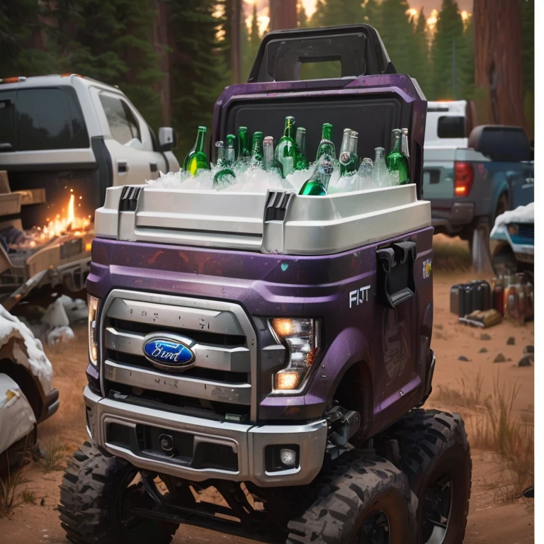 a close-up of a cooler box with bottles inside in a truck, ford, com rack de teto, trends in vehicle design, cool appearance, Wendigo rendering, ford f-150 raptor, hillbilly, vehicle concept photo!!, a colorful airbrush, por Jason Benjamin, product design shot, top angle view, product introduction photos