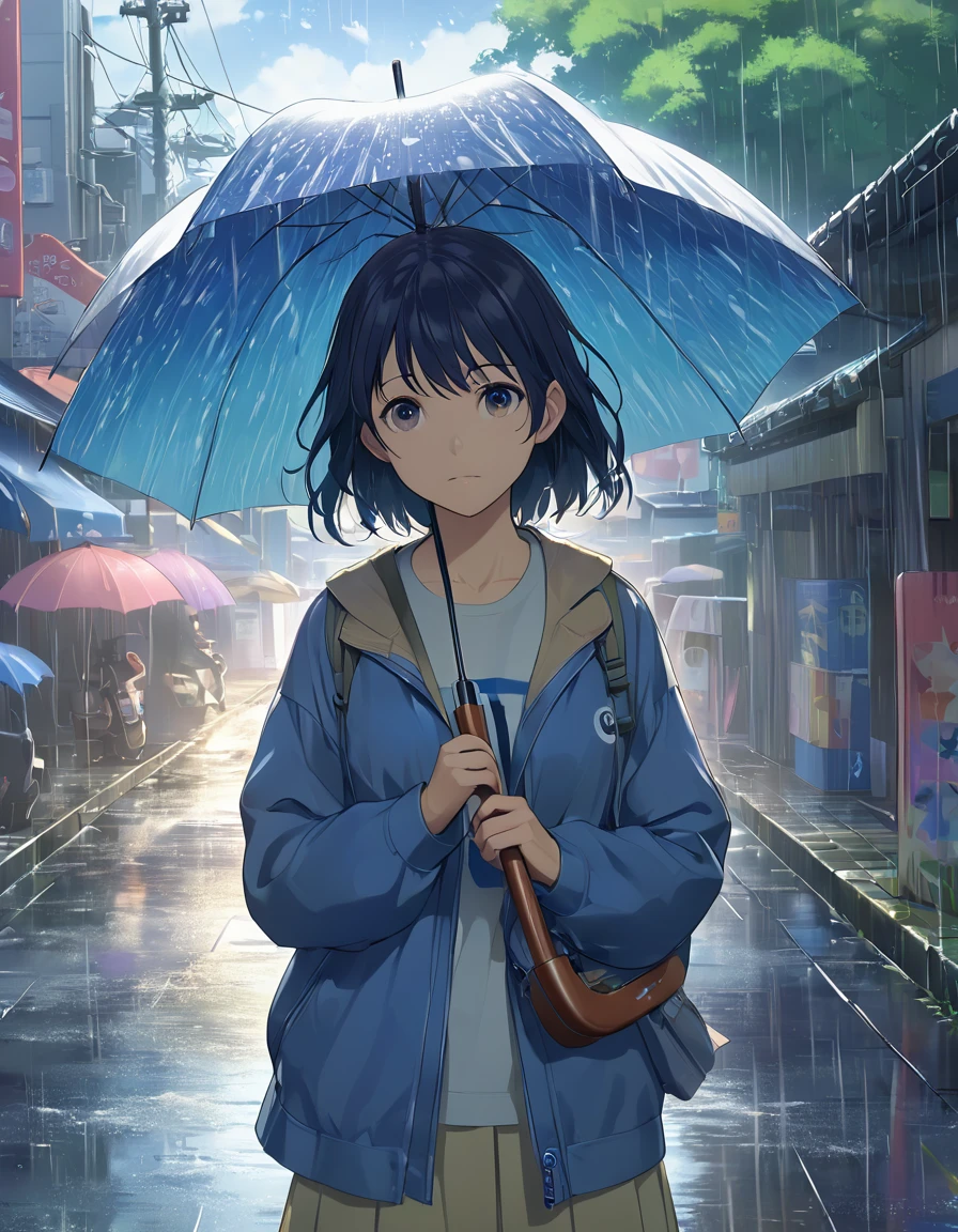 a painting of a woman walking in the rain with an umbrella, gloomy. by makoto shinkai, hiroo isono, by Makoto Shinkai, by makoto shinkai, cgsociety 9, by Shin Yun-bok, anime. by makoto shinkai, anime nature, makoto shinkai. high detail, makoto shinkai art style