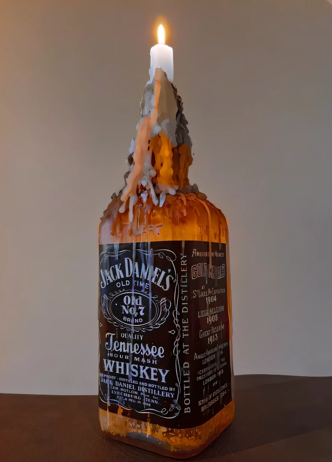 here is a candle that is sitting in a empty bottle of whiskey, whiskey bottle, very fancy whiskey bottle, fancy whiskey bottle, inspired by Jack Daniels, hyper realistic poison bottle, by Jack Daniels, by James Ryman, made of wax and water, jack, inspired by James Daniels, y2k”, jack Daniel's is the bottle, inspired by Jack Roth, whiskey