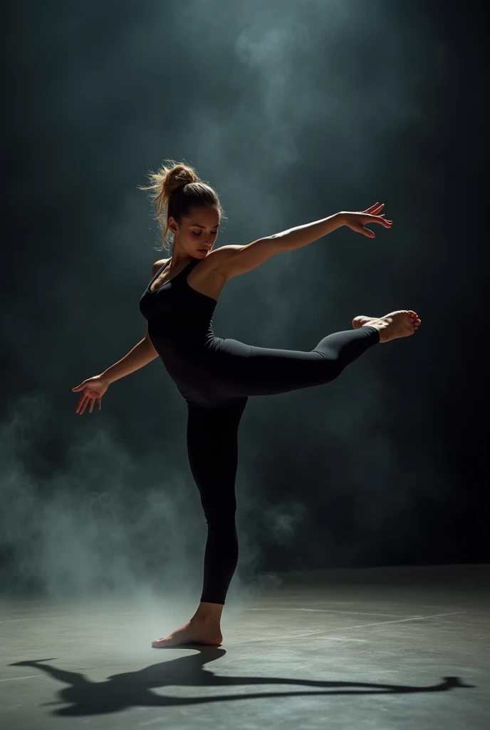 Captured mid-kick, the dancer's leg extends high, demonstrating her flexibility and control. The void black wall behind her intensifies the drama, with smoke spirals framing her figure. The lighting creates a high-definition effect, with strong contrasts and detailed textures. Her black apparel and natural bun hair are sharply in focus, blending movement with stillness. The minimalistic background ensures the viewer's attention is solely on her. The emotion is fierce and determined, reminiscent of Jennifer Lopez's vibrant performance style. Realistic and highly detailed shot of a solo dancer with natural bun hair in a black tank top and leggings, captured in HDR and UHD in a studio with a void black wall and immersive smoke effects.