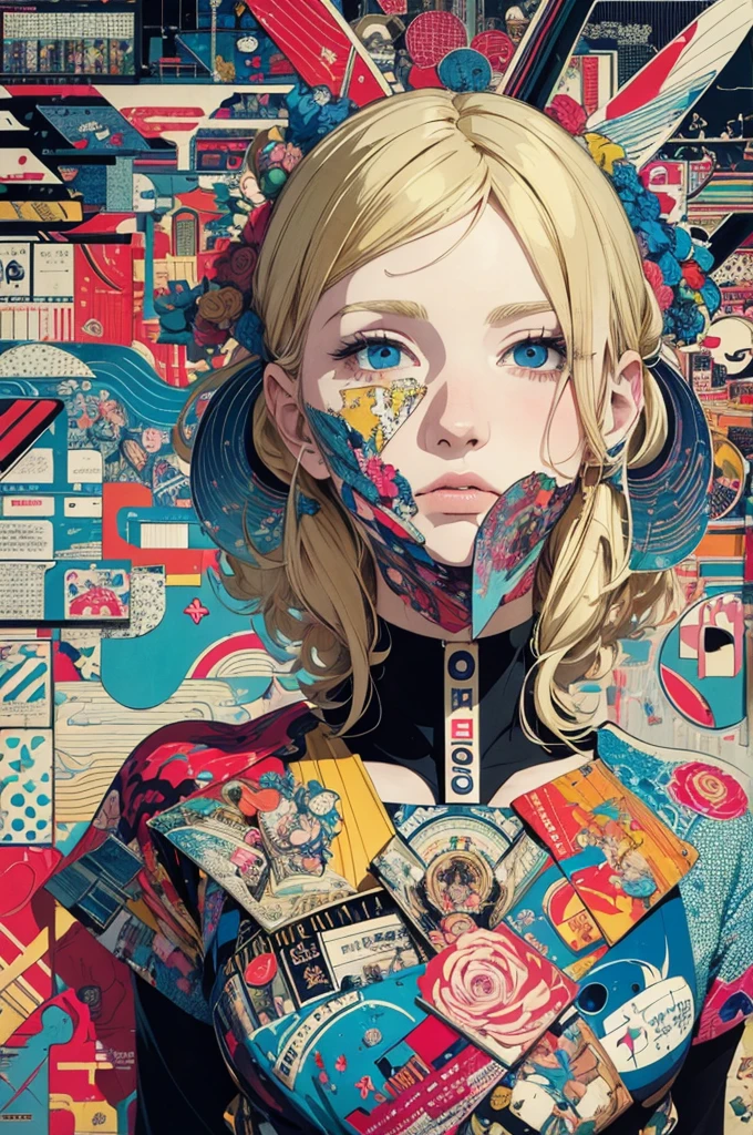 (masterpiece, best quality,ultra highres),flat color,(messy collage art),(british beauty, blonde,display, impact response, liquid),nostalgic melancholic artwork,japanese magazine collage, inspired by Victo Ngai cmyk palette, contemporary artistic collage,